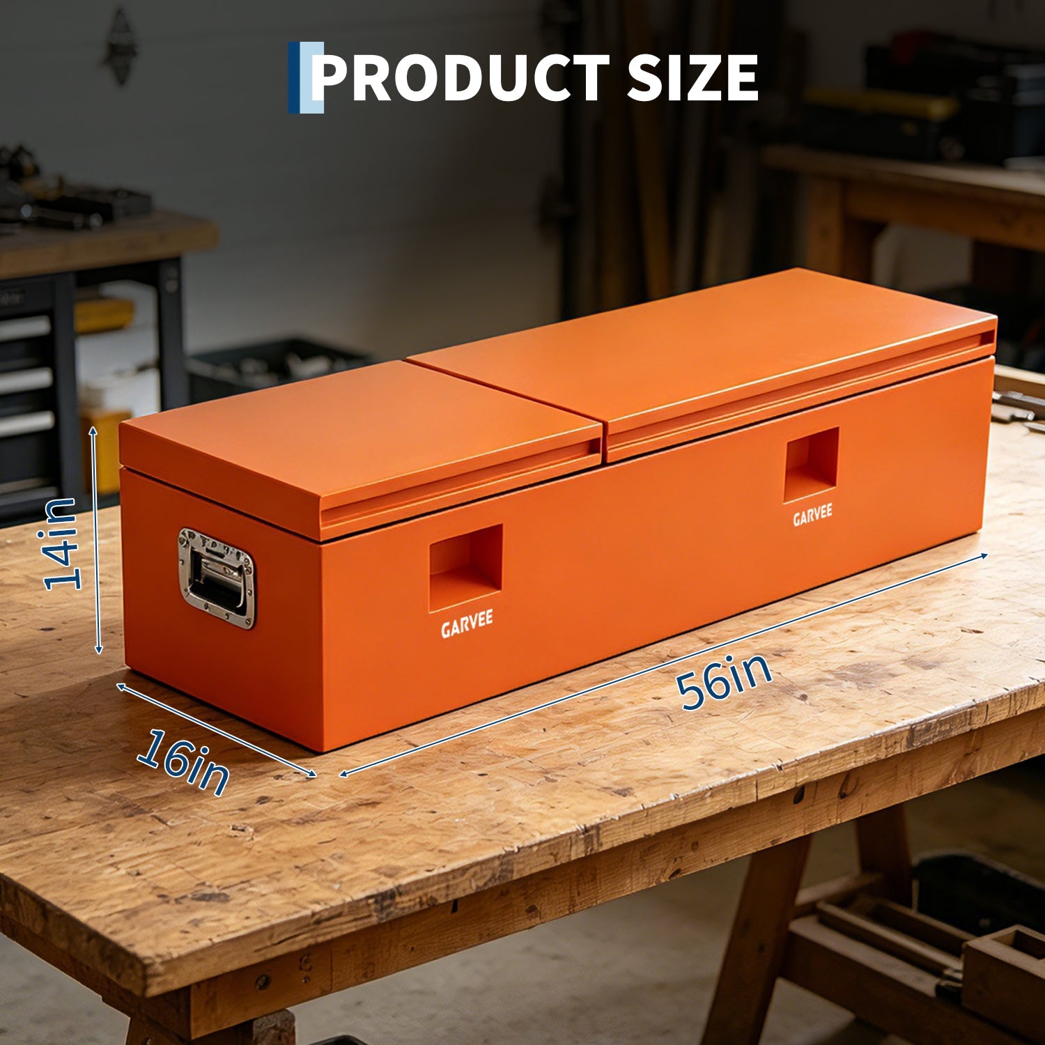 Garvee 56"X16"X14" Heavy Duty Steel Truck Bed Tool Box – Double Lid, Grooved Weatherproof Metal Chest with T-Handle & Side Handle, Durable Organizer for Pickup Truck, RV, Trailer, Front Double, Orange