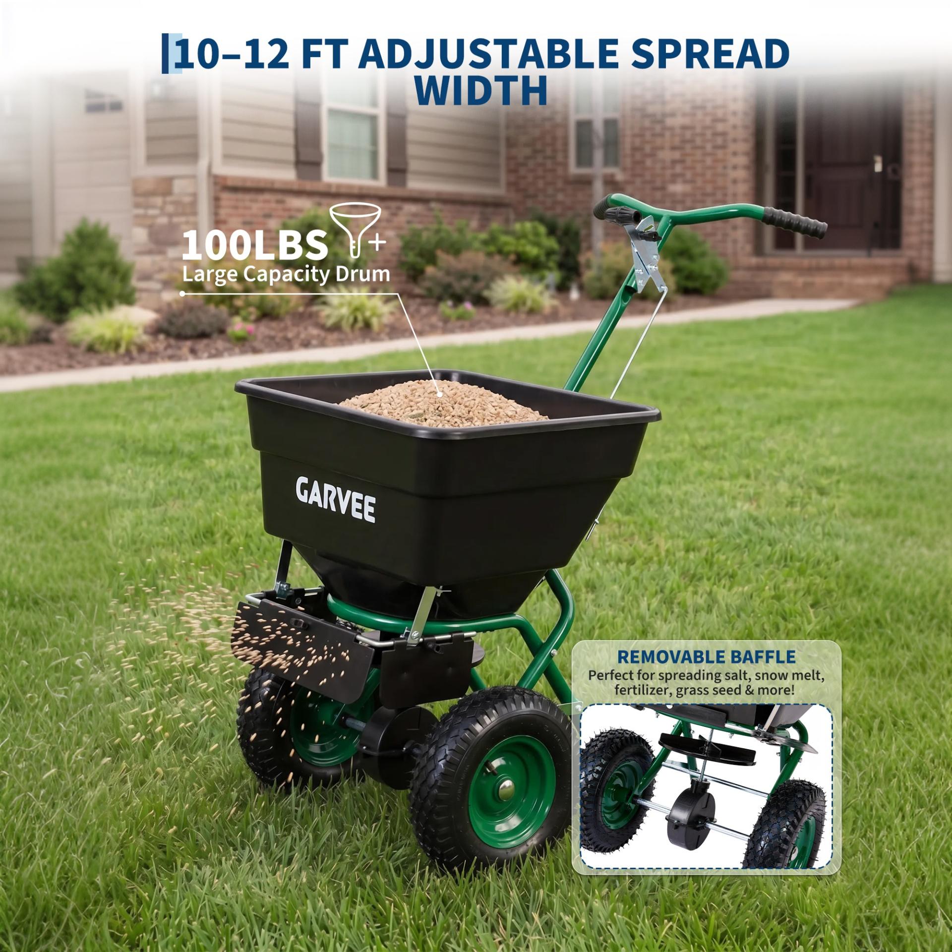 Garvee 100 lb Push Broadcast Spreader with 12' Spread Width, Adjustable Drop Rate, 10" Pneumatic Tires, Rain Cover & Gloves for Seed, Fertilizer, Salt and Ice Melt, Black & Dark Green