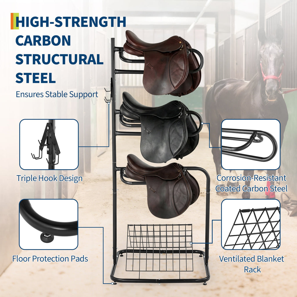 Garvee Heavy Duty 3-Tier Saddle Rack Stand with Removable & Rotating Tiers - Freestanding English & Western Saddle Blanket Holder for Tack Room Organization, 30x29x70 in