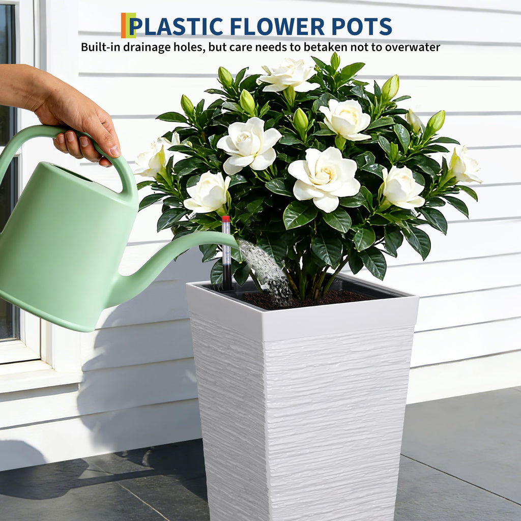 Garvee Self Watering Tall Planters Set of 2, 22.5" Front Porch Planter Pots with 11.7" Opening, Water Level Monitor & Drainage Holes for Indoor Outdoor Plants, White