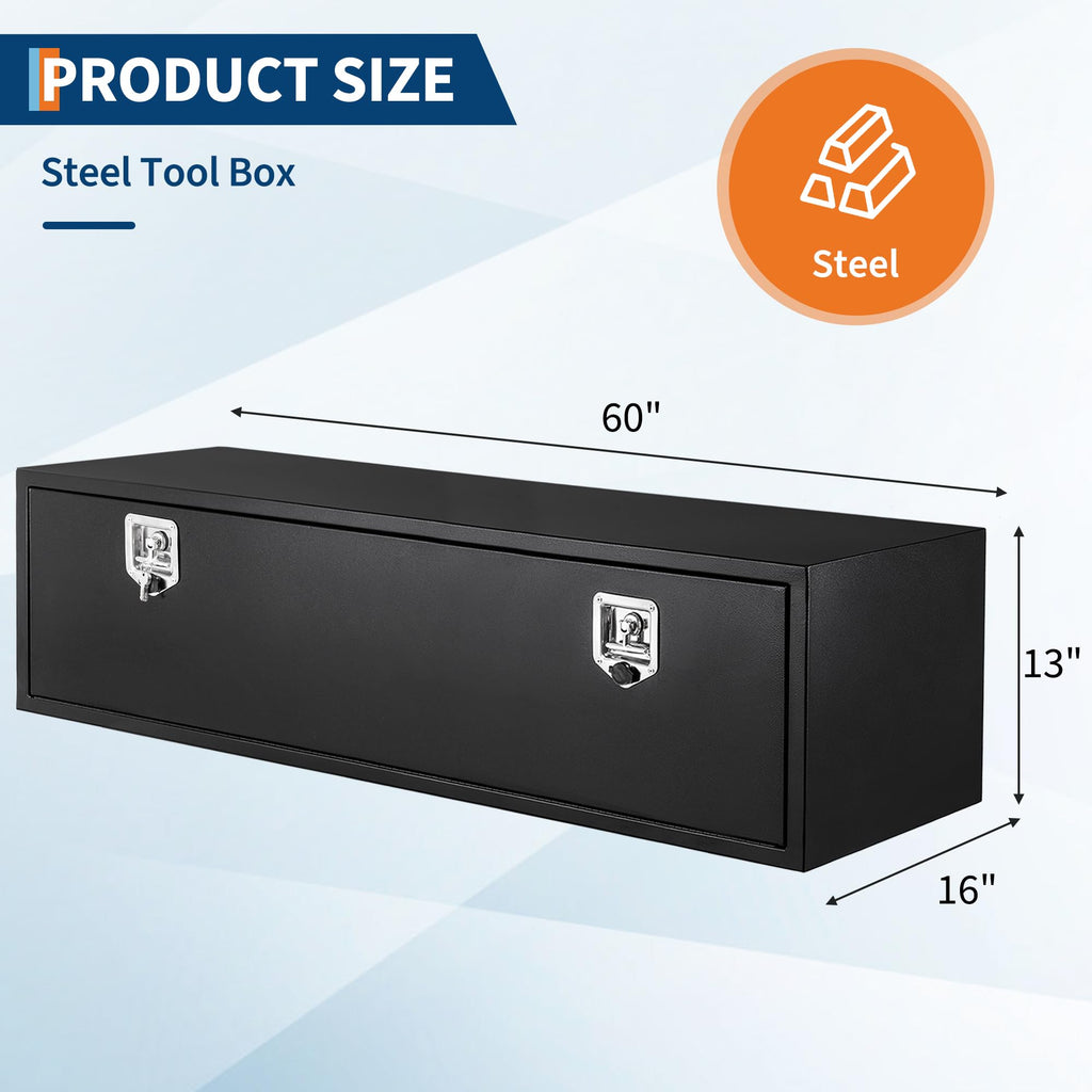 Garvee 60" x 16" x 13" Heavy Duty Black Steel Underbody Truck Tool Box – Weatherproof T-Handle Lock Storage Chest – Smooth Surface, Ideal for Pickups, Trailers, RVs, Black Base Silver Flower Spray Plastic, Underbody Tool Box