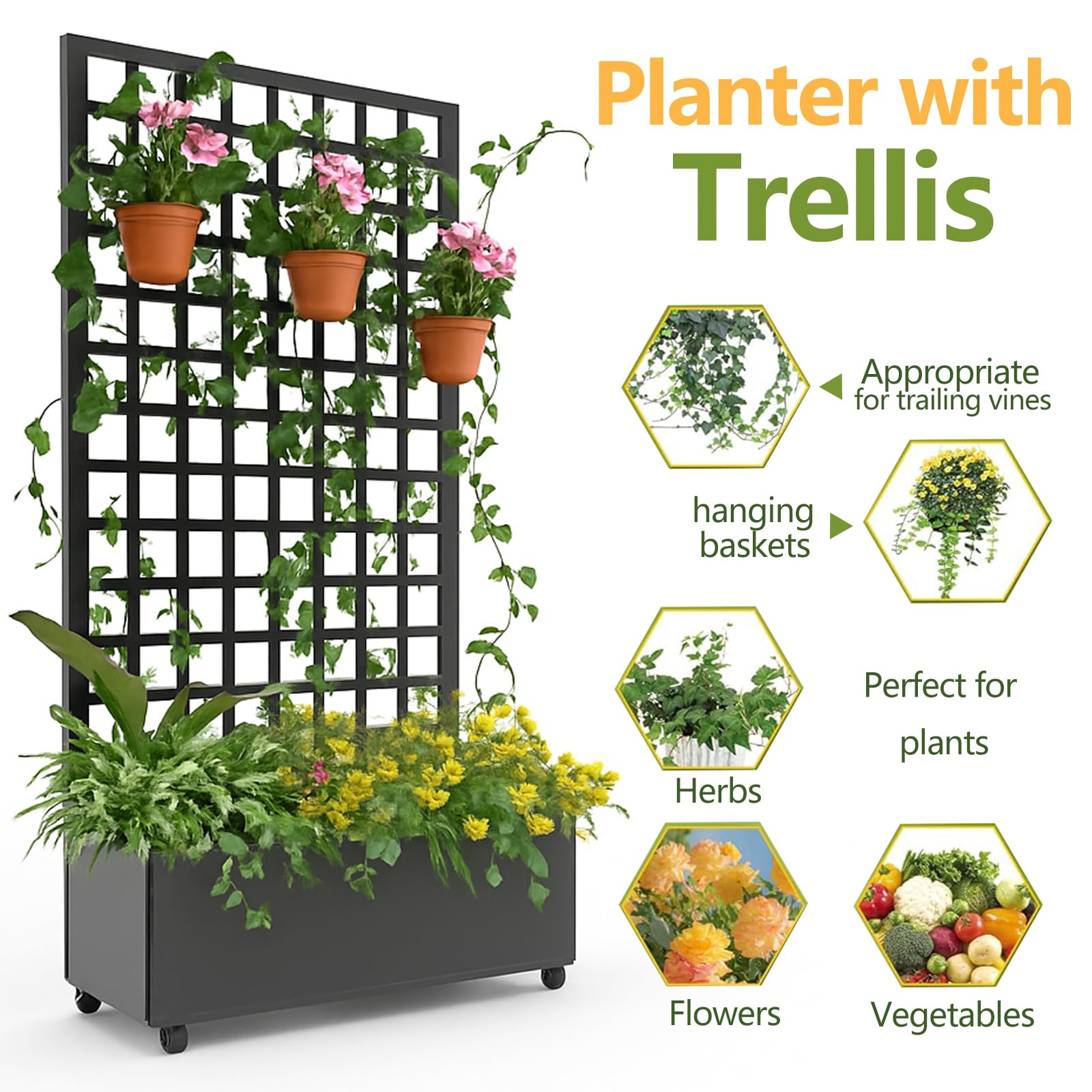 Garvee Galvanized Metal Raised Garden Bed with Square Lattice Trellis and Wheels – 72"x35" Outdoor Planter Box for Climbing Plants, Vines, Vegetables – Privacy Screen, Black Finish – Size: Small
