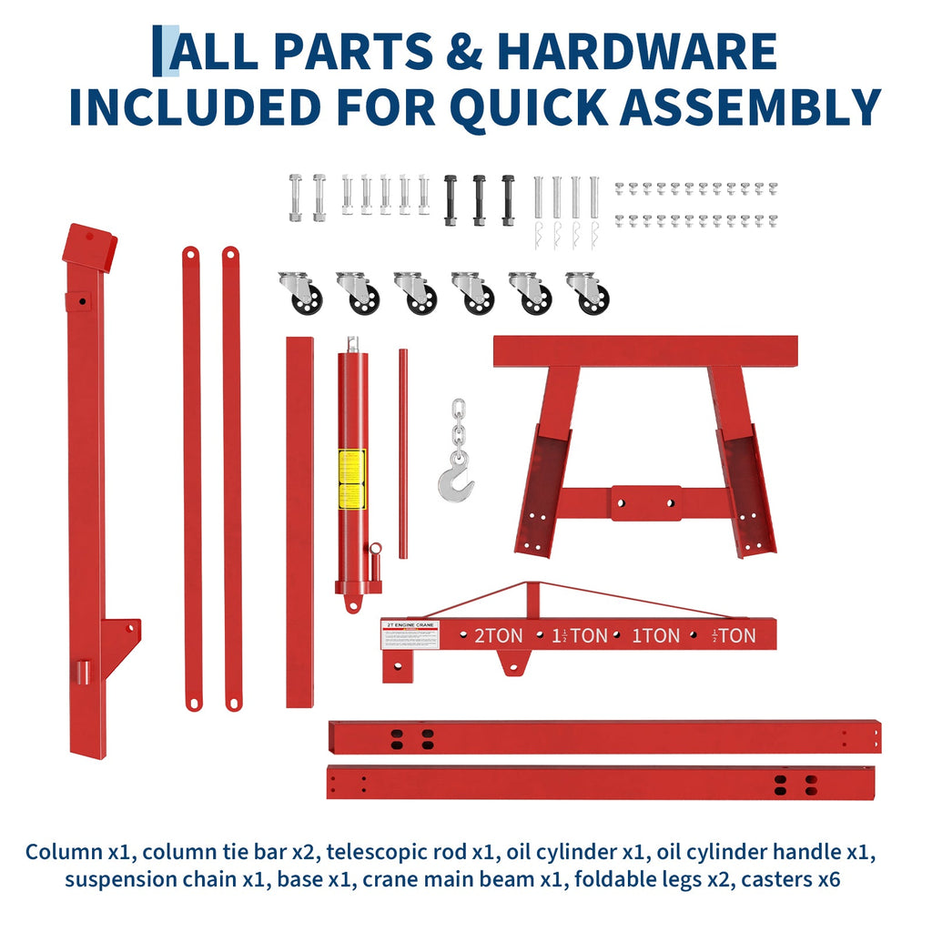 Garvee Heavy Duty 2 Ton Folding Hydraulic Engine Hoist & 3/4 Ton Underhoist Support Stand Combo – Steel Shop Crane Cherry Picker with 4-Position Boom – High-Reach Automotive Lift – Red