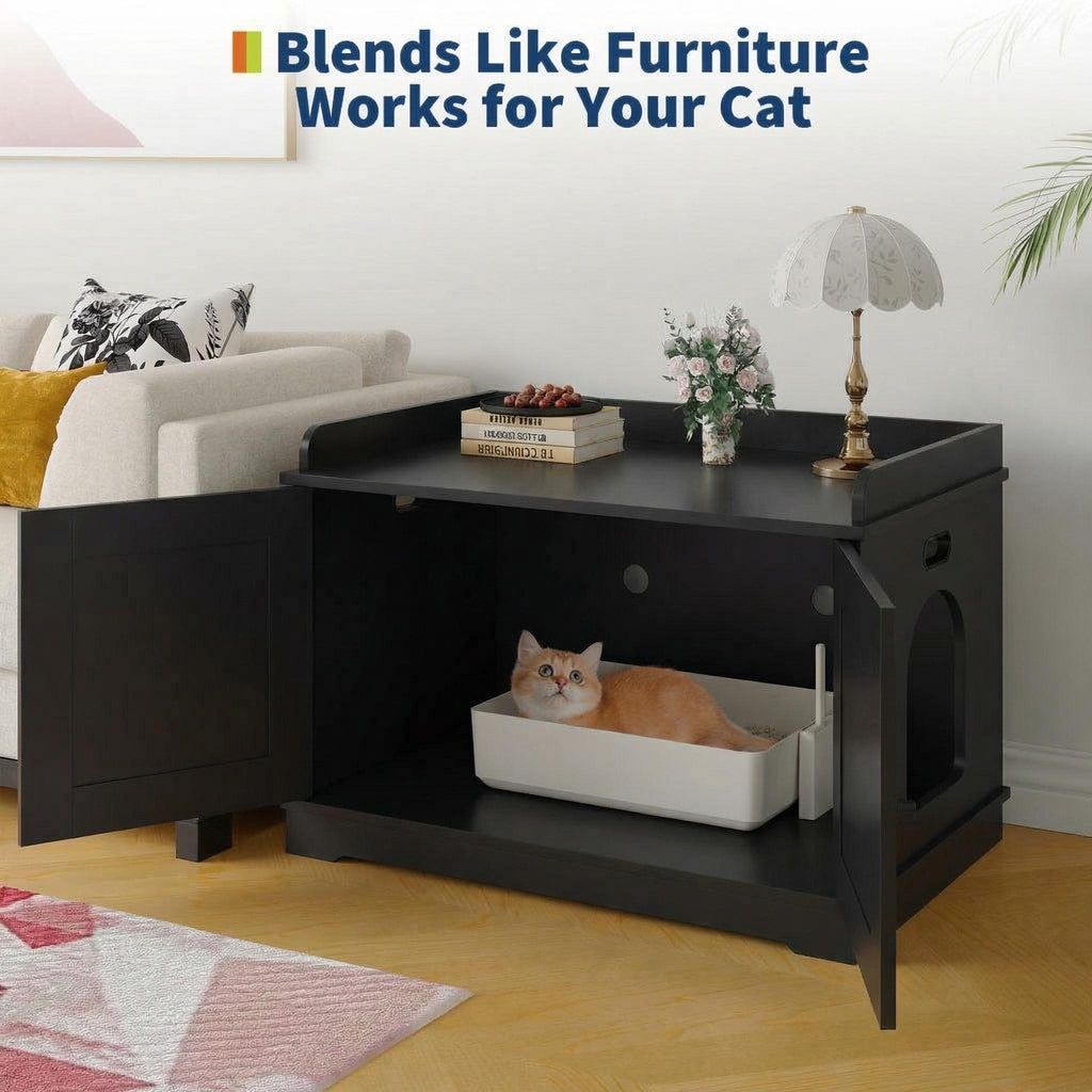 Garvee 31.5" Cat Litter Box Furniture, 2 Doors Cat Litter Box Enclosure for Most Cats, Hidden Cat Cabinet for Living Room Hallway, Smooth Surface & Quick Clean-Up, Black
