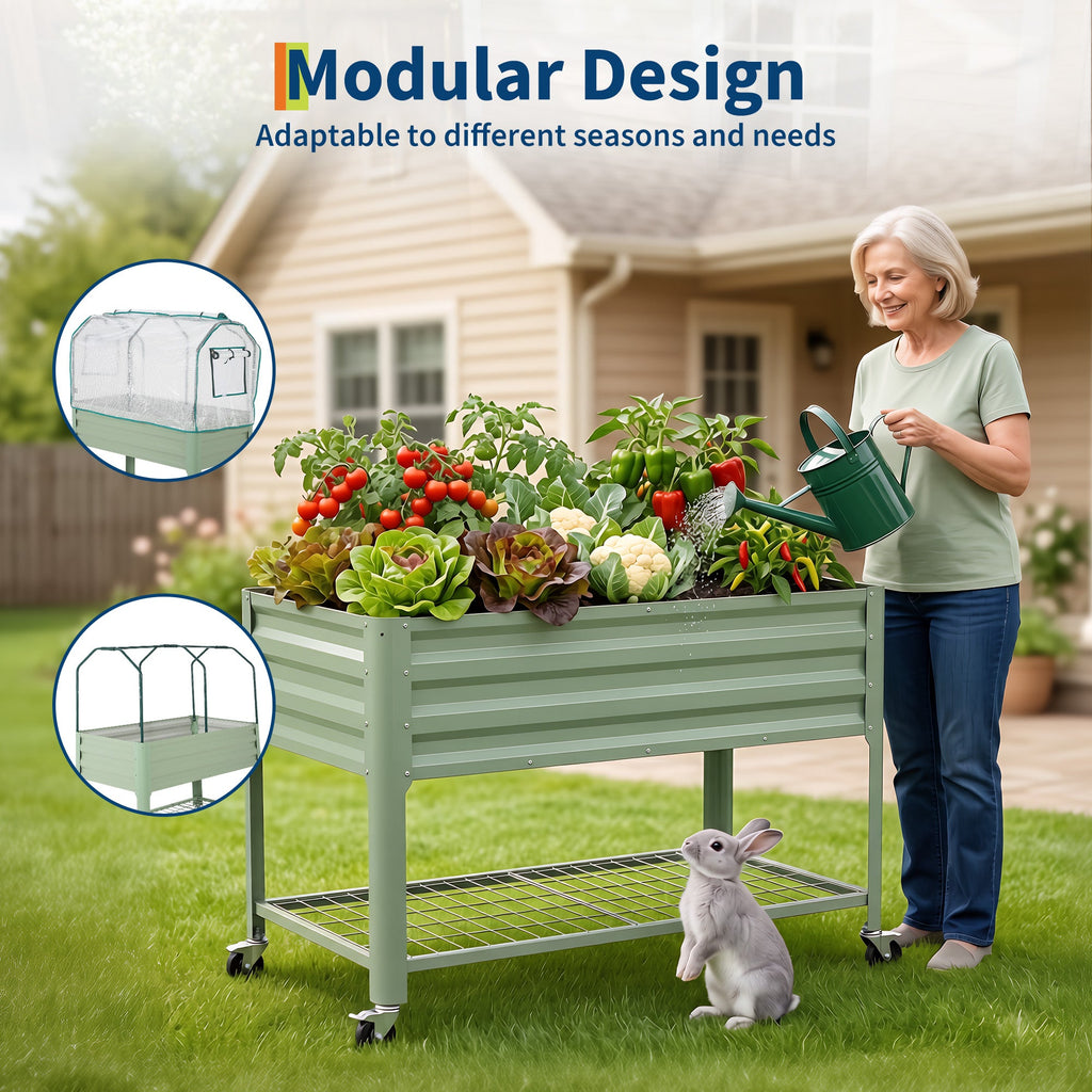 Garvee Raised Garden Bed with Cover 48" × 24" × 55", Green Galvanized Metal Planter Box with PE Greenhouse Cover, Legs & Drainage Holes