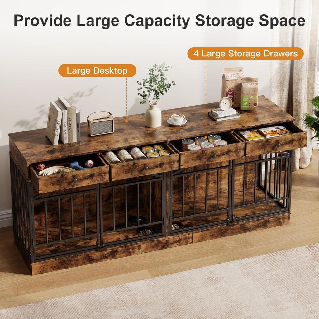 Garvee 78.7" Double Dog Crate Furniture with Storage and 4 Doors, Dog Kennel Indoor with Feeding Bowls, Wood Dog Crate TV Stand for Small Medium Dogs, Brown