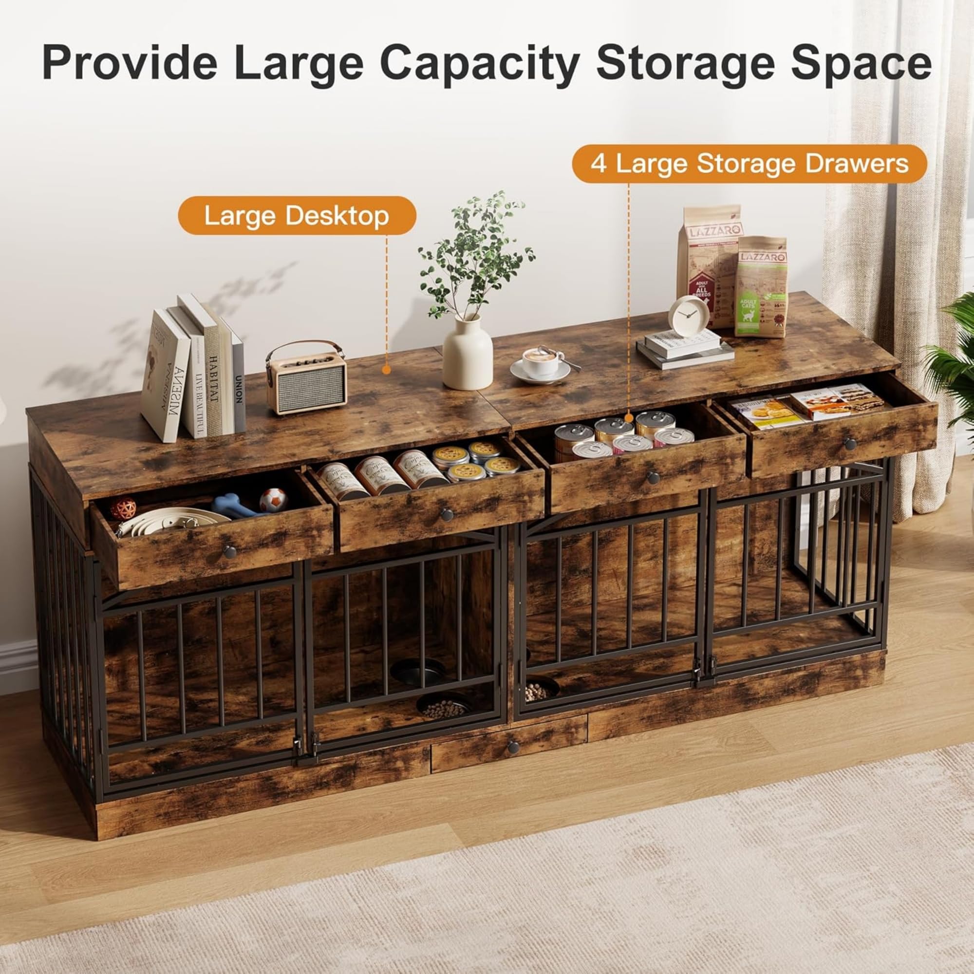 Garvee 78.7" Double Dog Crate Furniture with Storage and 4 Doors, Dog Kennel Indoor with Feeding Bowls, Wood Dog Crate TV Stand for Small Medium Dogs, Brown