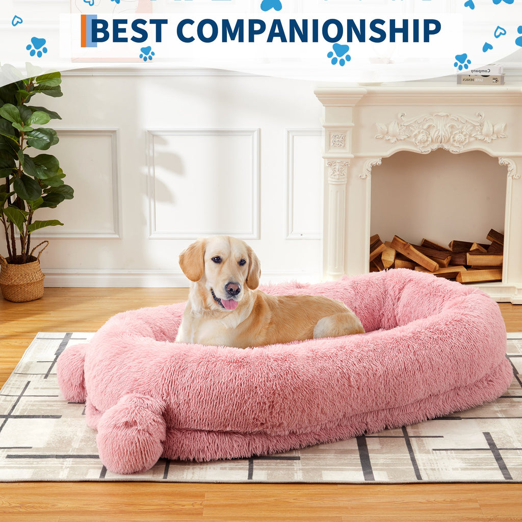 Garvee Human Dog Bed, 71 in x45 in x12 in Large Dog Bed with Blanket, Storage Pockets, Portable Handle, Removable Cover, Human Size Pet Bed for Adult, Pink