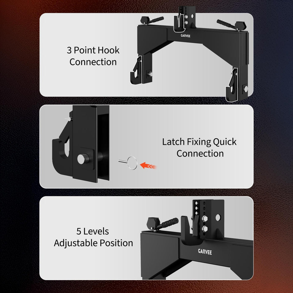 Garvee Heavy Duty 4000lbs Category 2 3-Point Quick Hitch - 5-Level Adjustable Bolt - Compatible with Cat 2 Implements - Agricultural Tractor Attachment - Black