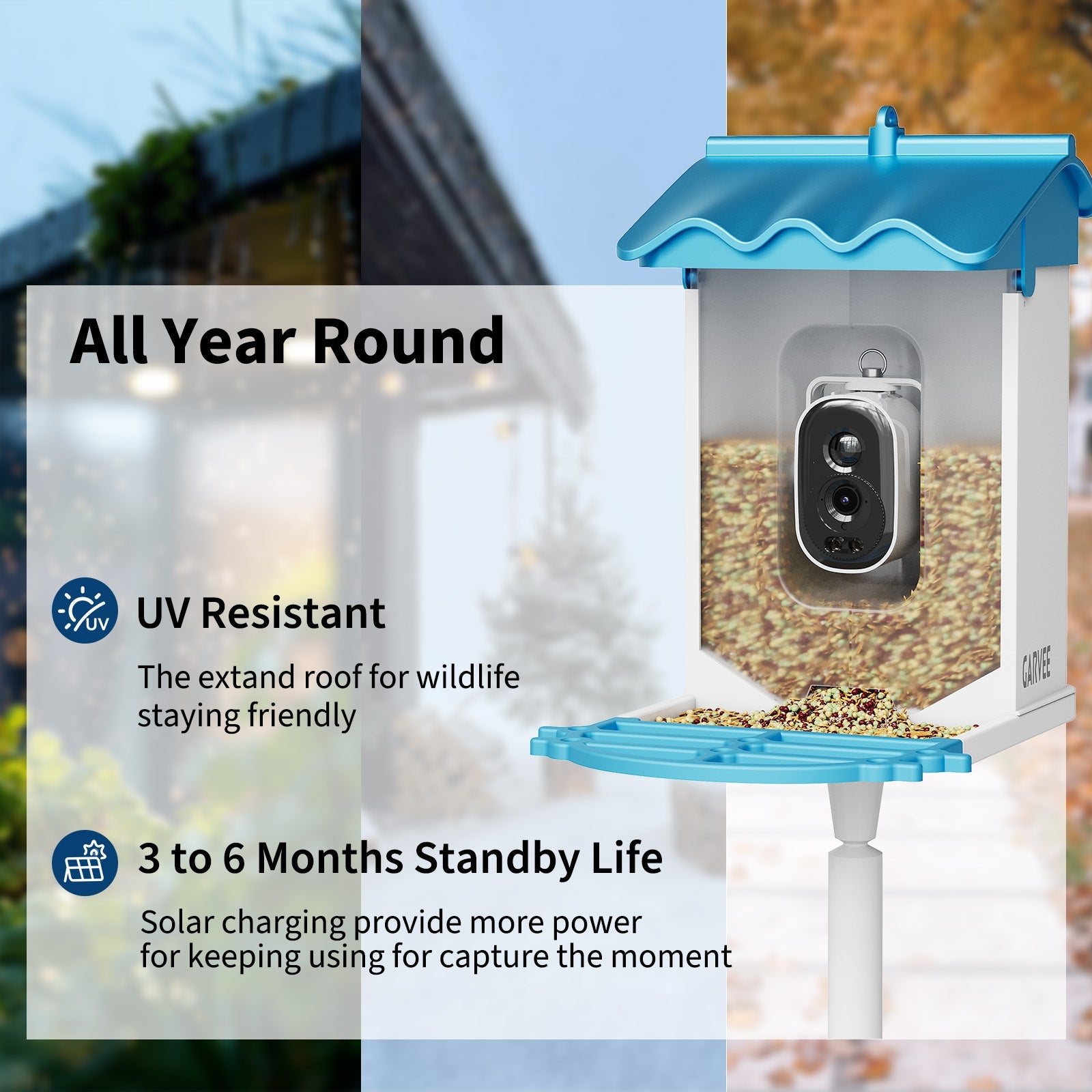 Garvee Smart Bird Feeder with 2.5K Camera & AI Recognition, Solar Powered, 2L Capacity, Night Vision, App Alerts, Auto Capture Photos/Videos for Bird Watching, Squirrel Deterrent, Blue