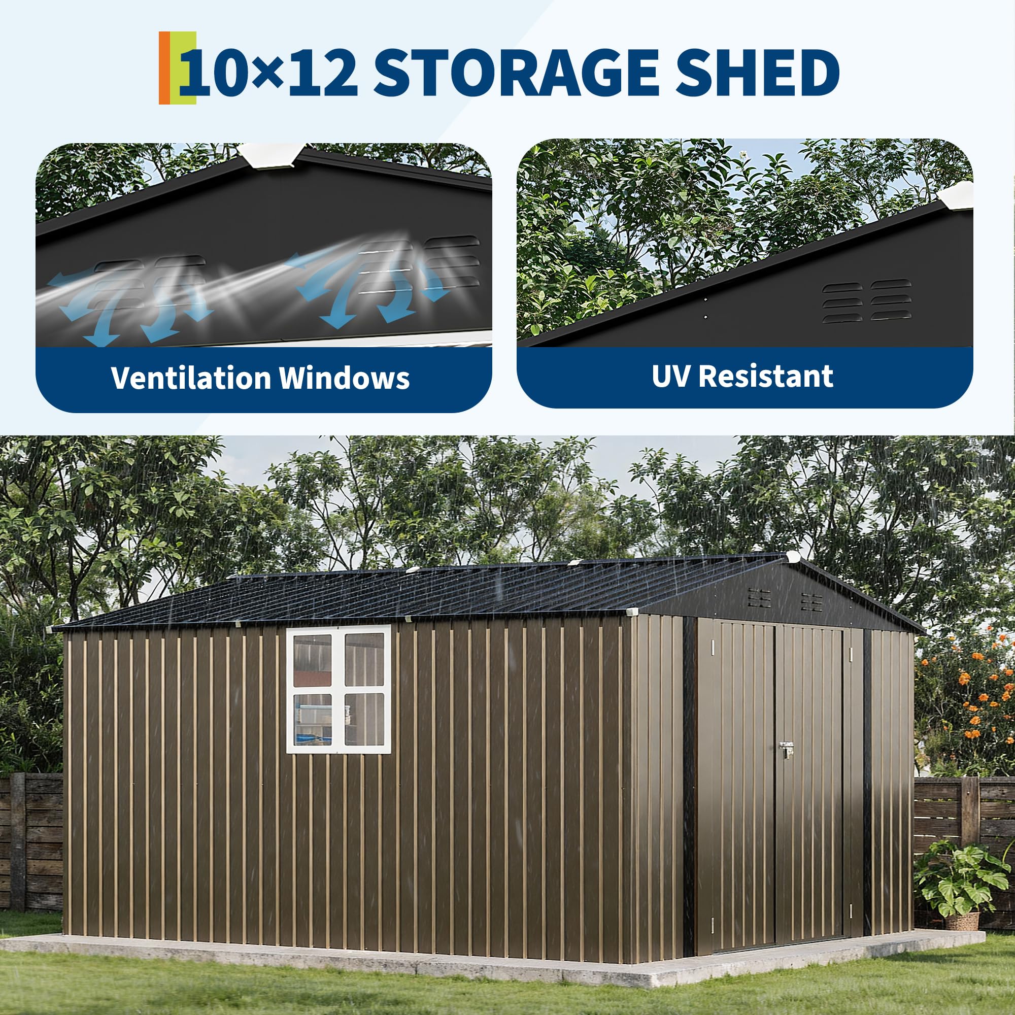 Garvee 10 x 12 FT Outdoor Storage Shed, 143 x 119 x 65 in Galvanized Steel Garden Shed with Lockable Door, Cross Windows and Peaked Roof, Brown