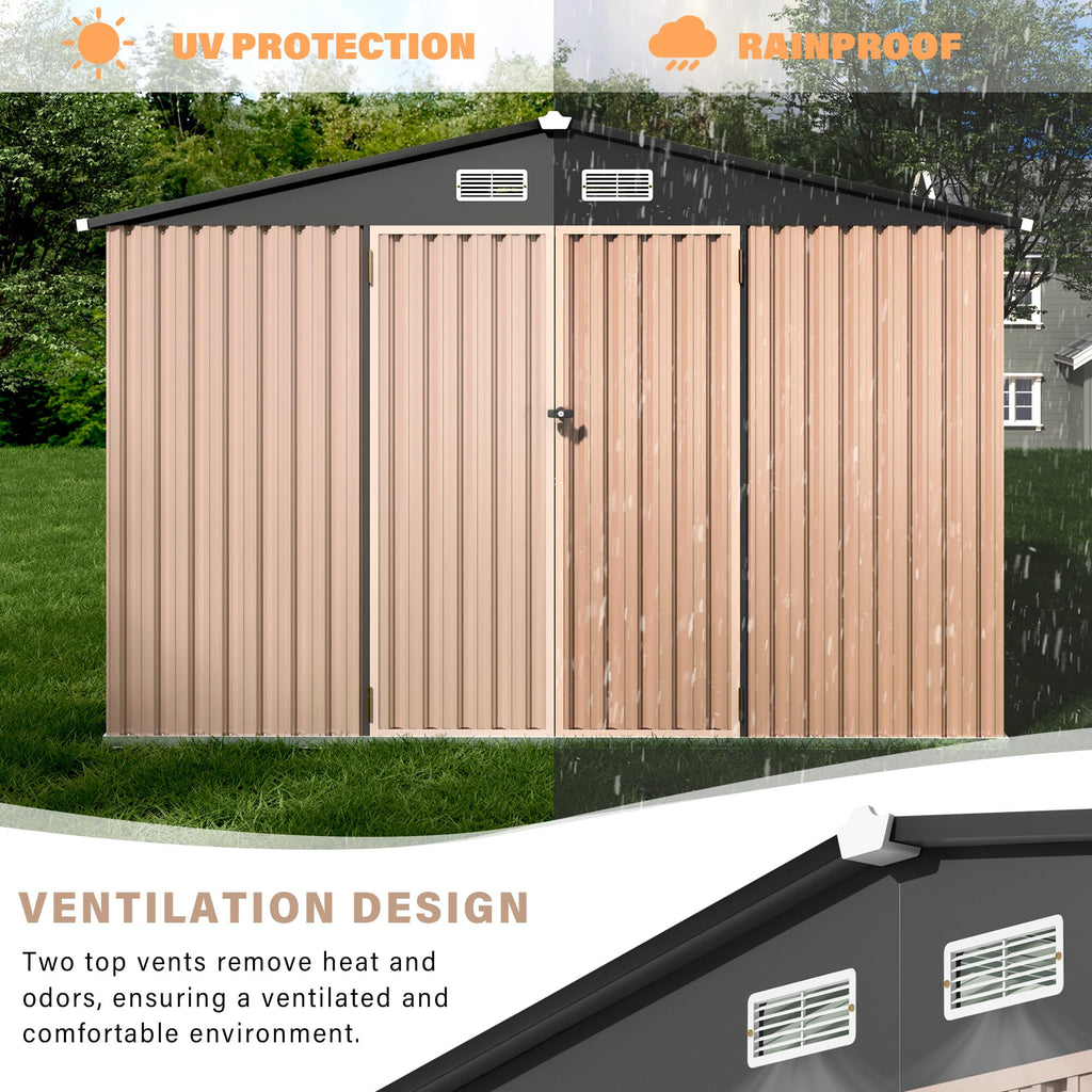 Garvee 6' x 8' Metal Outdoor Storage Shed, Lockable Garden Tool Organizer with Galvanized Steel, Air Vents, Sloped Roof & Weatherproof Storage, Dark Top + Brown Board