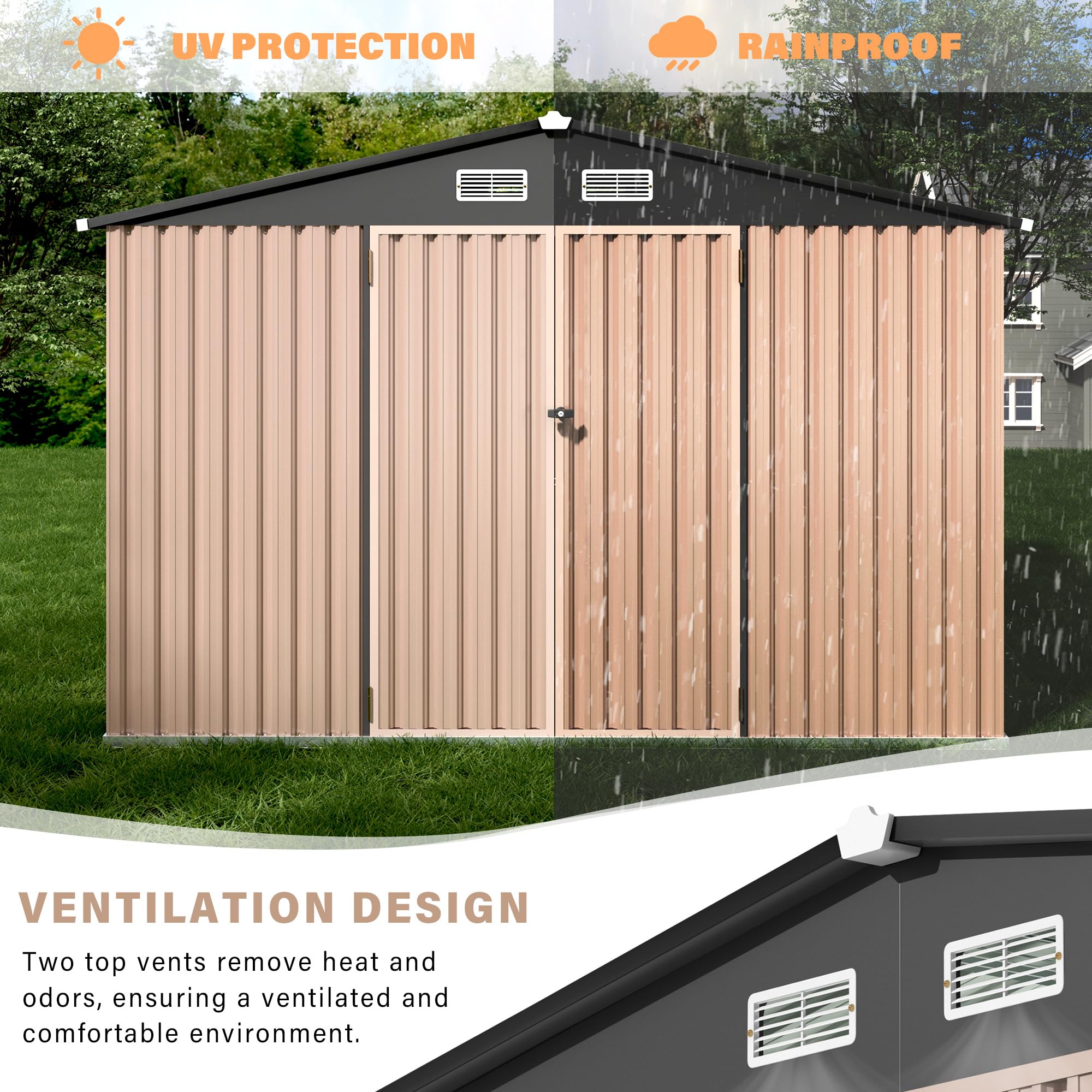 Garvee 6' x 8' Metal Outdoor Storage Shed, Lockable Garden Tool Organizer with Galvanized Steel, Air Vents, Sloped Roof & Weatherproof Storage, Dark Top + Brown Board