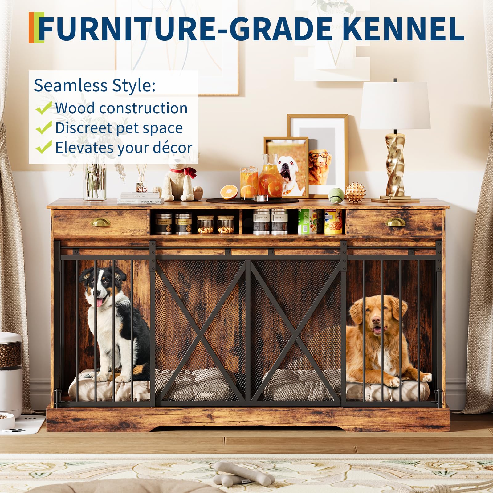 Garvee Heavy Duty Double Dog Crate Furniture for 2 Dogs – Extra Large Wooden Kennel, Removable Divider, Lockable Sliding Doors, Drawers & Shelves, Indoor Pet Cage TV Stand – Black, 63 Inch