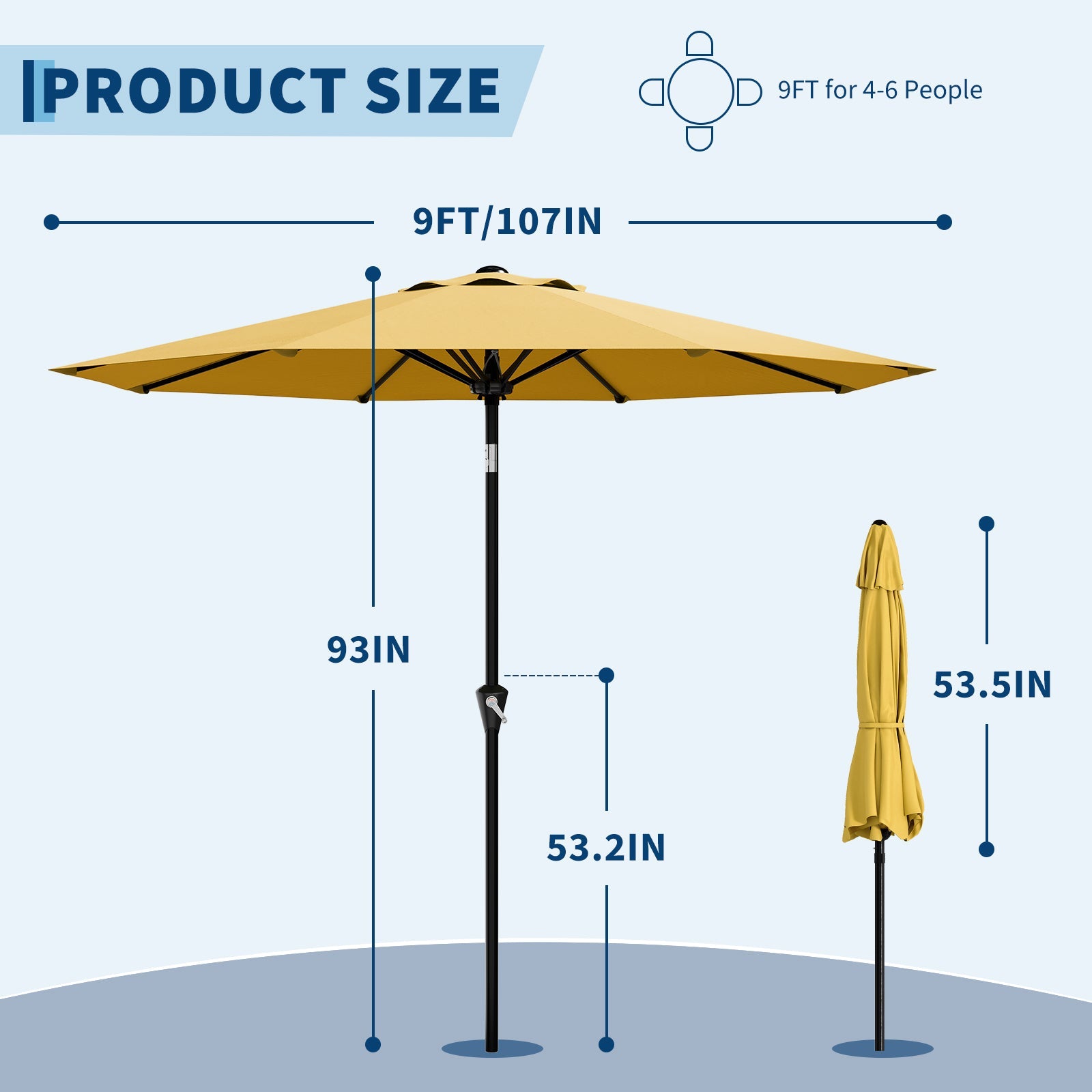 Garvee 9FT Yellow Outdoor Patio Umbrella - Market Table Parasol with Smooth Crank Lift, Push Button Tilt & 8 Sturdy Ribs, UV Protection, Waterproof Sunshade for Pool, Deck, Yard, Garden