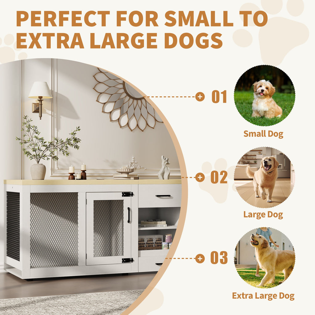 Garvee 90 Inch Large Dog Crate Furniture, Double Dog Crate with Feeding Station & Storage, Heavy Duty Dog Kennel Furniture for 2 Dogs