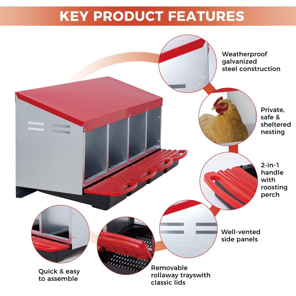 Garvee 4-Hole Metal Chicken Nesting Boxes for Chicken Coop, Roll Away Poultry Laying Box with Sloped Anti-Perch Roof, Removable Trays with Protective Flip Covers for Clean Automatic Egg Collection, Red & Silver (41.7" L x 18.9" W x 18.5" H)