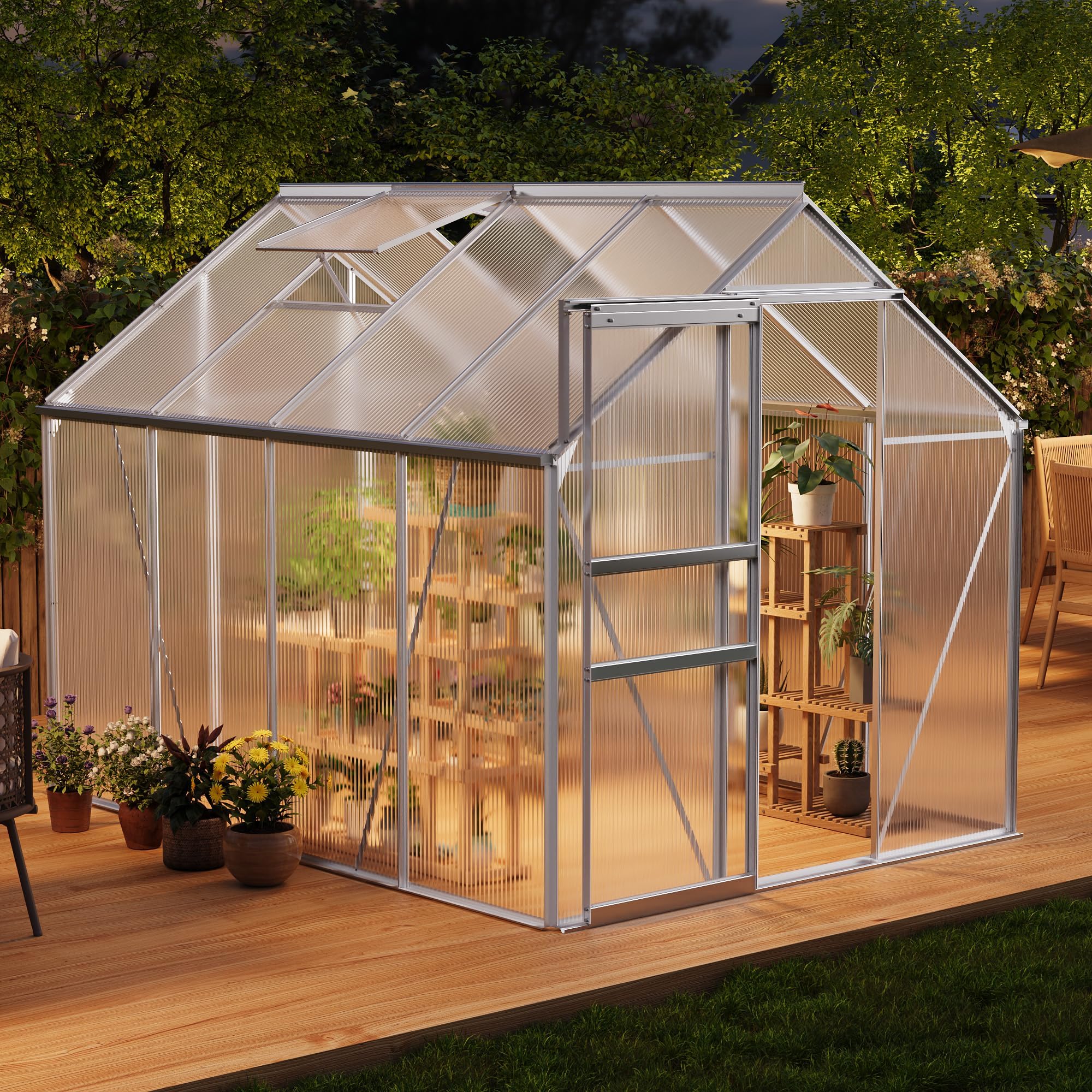 Garvee 6 x 8 FT Polycarbonate Greenhouse with Aluminum Frame, Sliding Door & Adjustable Roof Vent, Heavy-Duty Outdoor Greenhouse for Backyard, Garden, Patio
