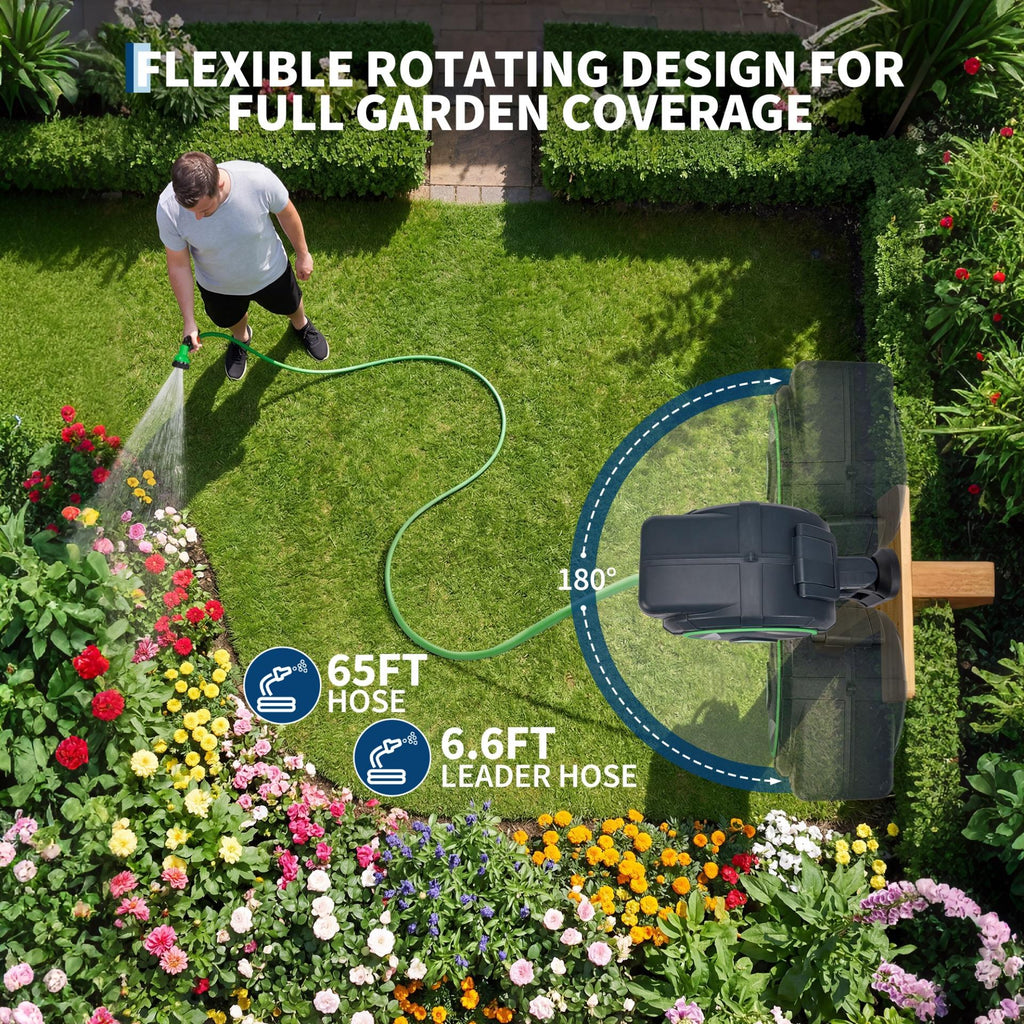 Garvee 5/8" x 65 FT Retractable Garden Hose Reel, High-Flow Wall-Mounted Auto Rewind Hose Reel with Any-Length Lock & 180° Swivel Bracket
