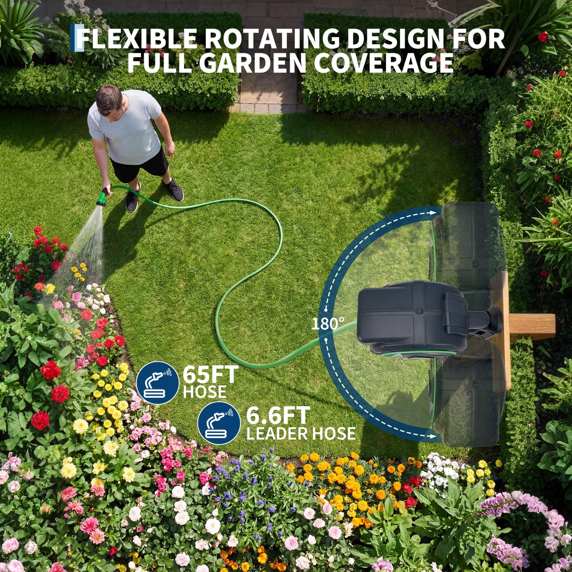 Garvee 5/8" x 65 FT Retractable Garden Hose Reel, High-Flow Wall-Mounted Auto Rewind Hose Reel with Any-Length Lock & 180° Swivel Bracket