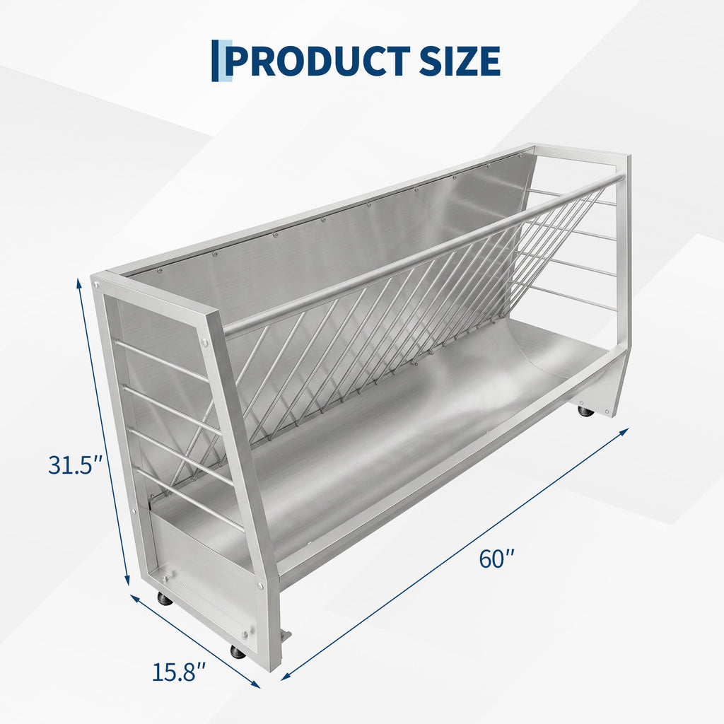 Garvee 5 ft Pasture Hay Feeder - Heavy Duty Galvanized Steel 2-in-1 Freestanding Livestock Hay & Grain Feeder, 60 Gallon Large Capacity for Goats, Sheep, Ponies & Alpacas (Silver)