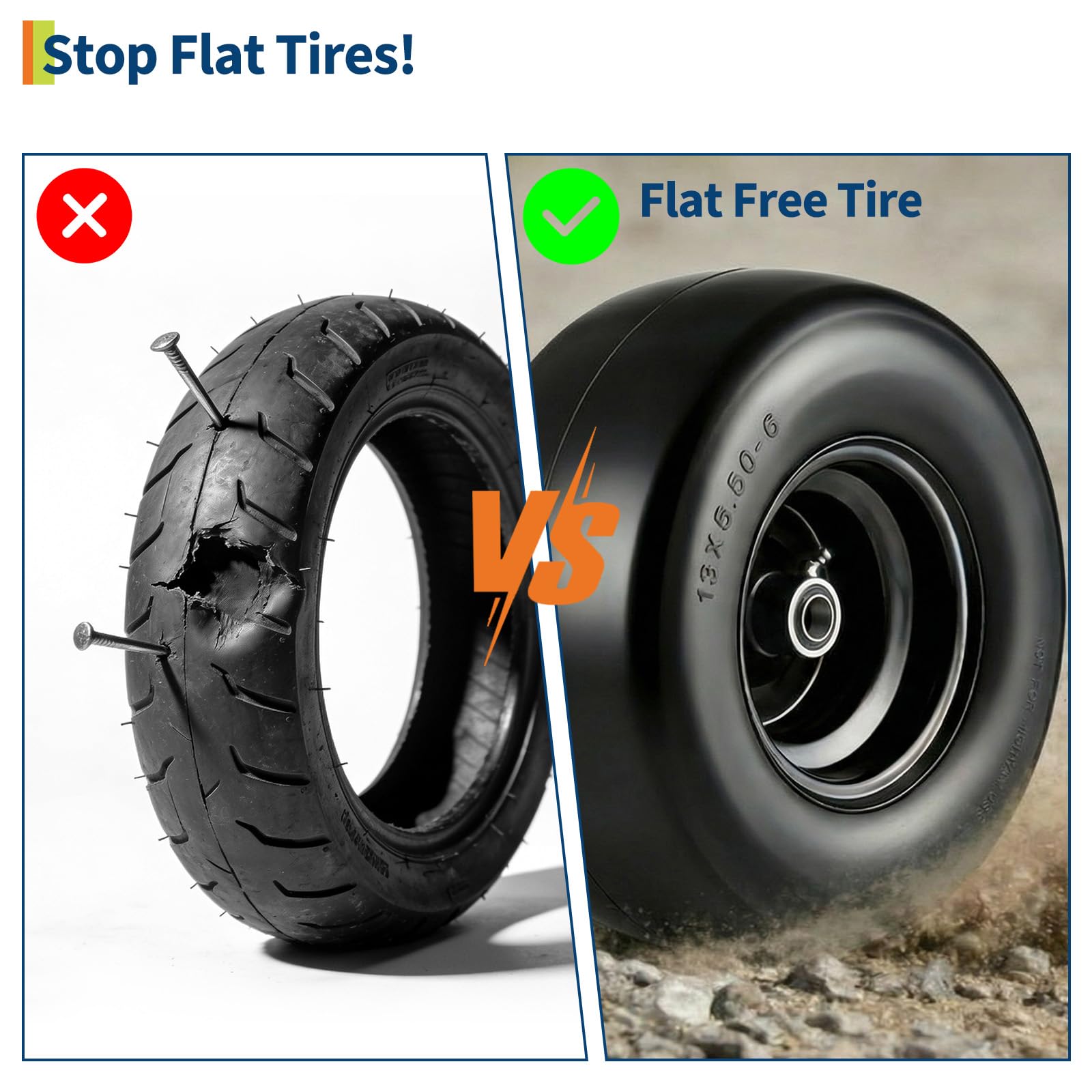 Garvee 2 Pack 13x6.50-6 Flat Free Lawn Mower Tires with 353 LBS Load, Polyurethane, Alloy Steel, Puncture-Proof, 3/4" & 5/8" Bushings for Push Mowers & Garden Carts