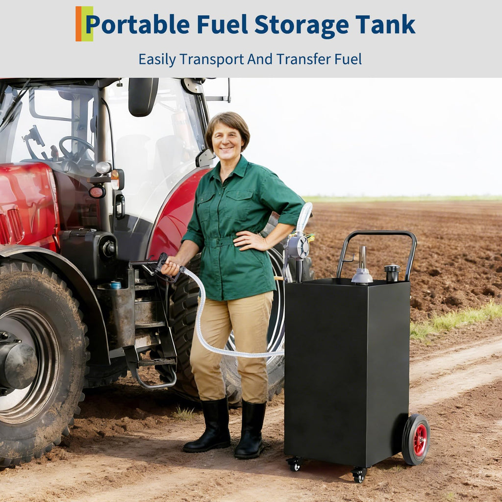 Garvee 30 Gallon Portable Fuel Caddy Gasoline Diesel Storage Tank with Manual Two-Way Pump Carbon Steel Anti-Static Clamp Black for Cars Boats ATVs, Black