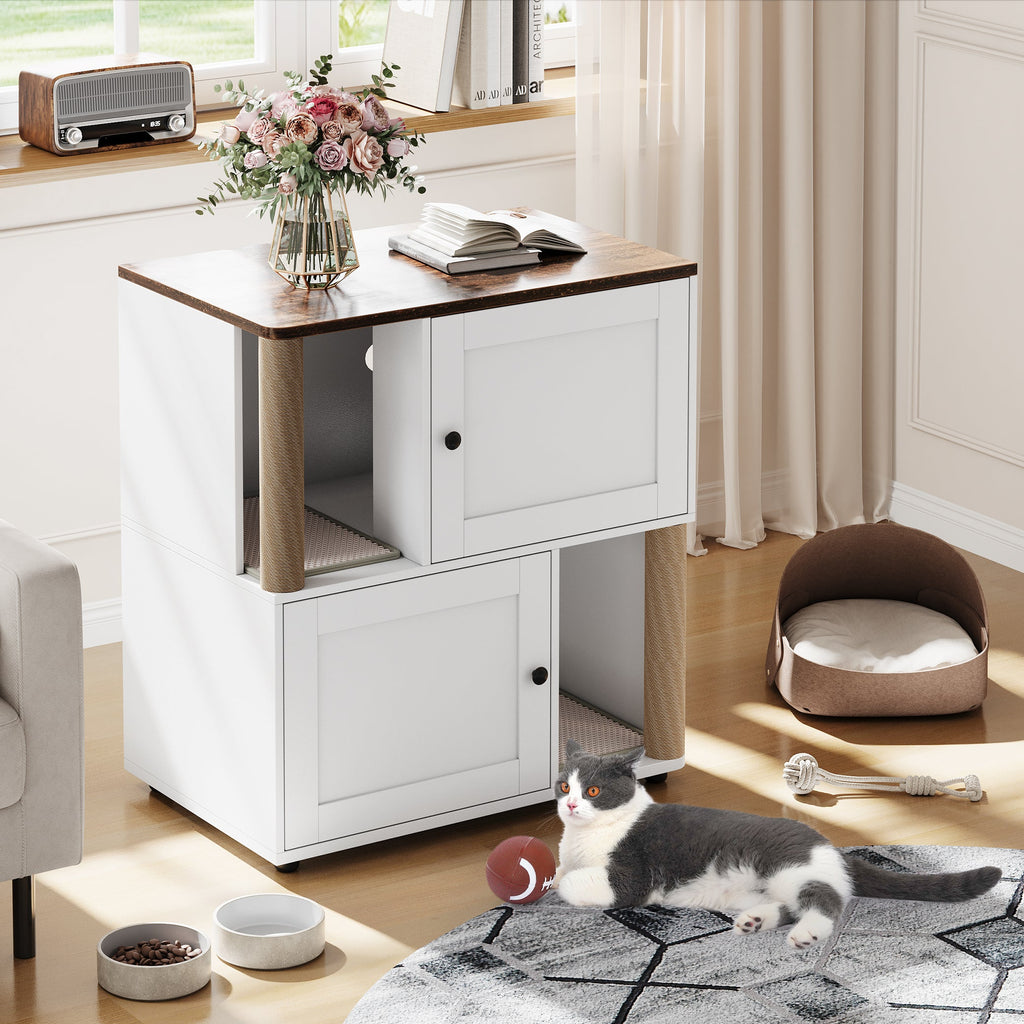 Garvee Double Cat Litter Box Enclosure for 2 Cats – 2-Tier Wooden Cabinet with Marking Post, Litter Mat, Enclosed Litter Box Furniture, Hidden Pet Storage – Basic White Model
