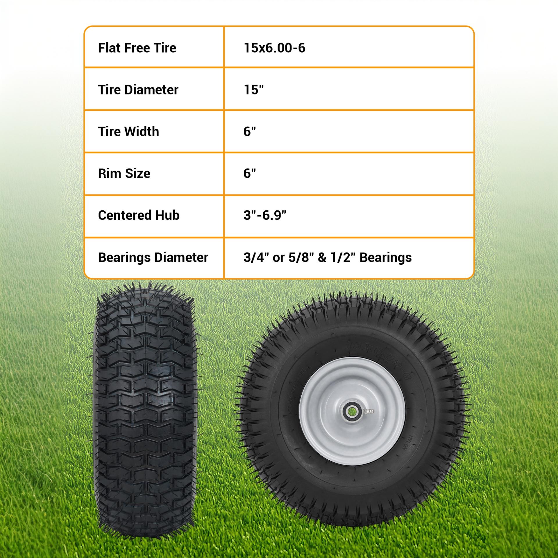 Garvee Flat Free Sturdy Lawn Mower Tire - 15x6.00-6 Heavy Duty 500 lbs Load - Puncture-Proof Polyurethane, Multiple Precision Ball Bearings, Centered Hub - Zero Turn Front Replacement Wheel for Outdoor Power Equipment, Easy Install - 2 Pack (15×6.00-6)