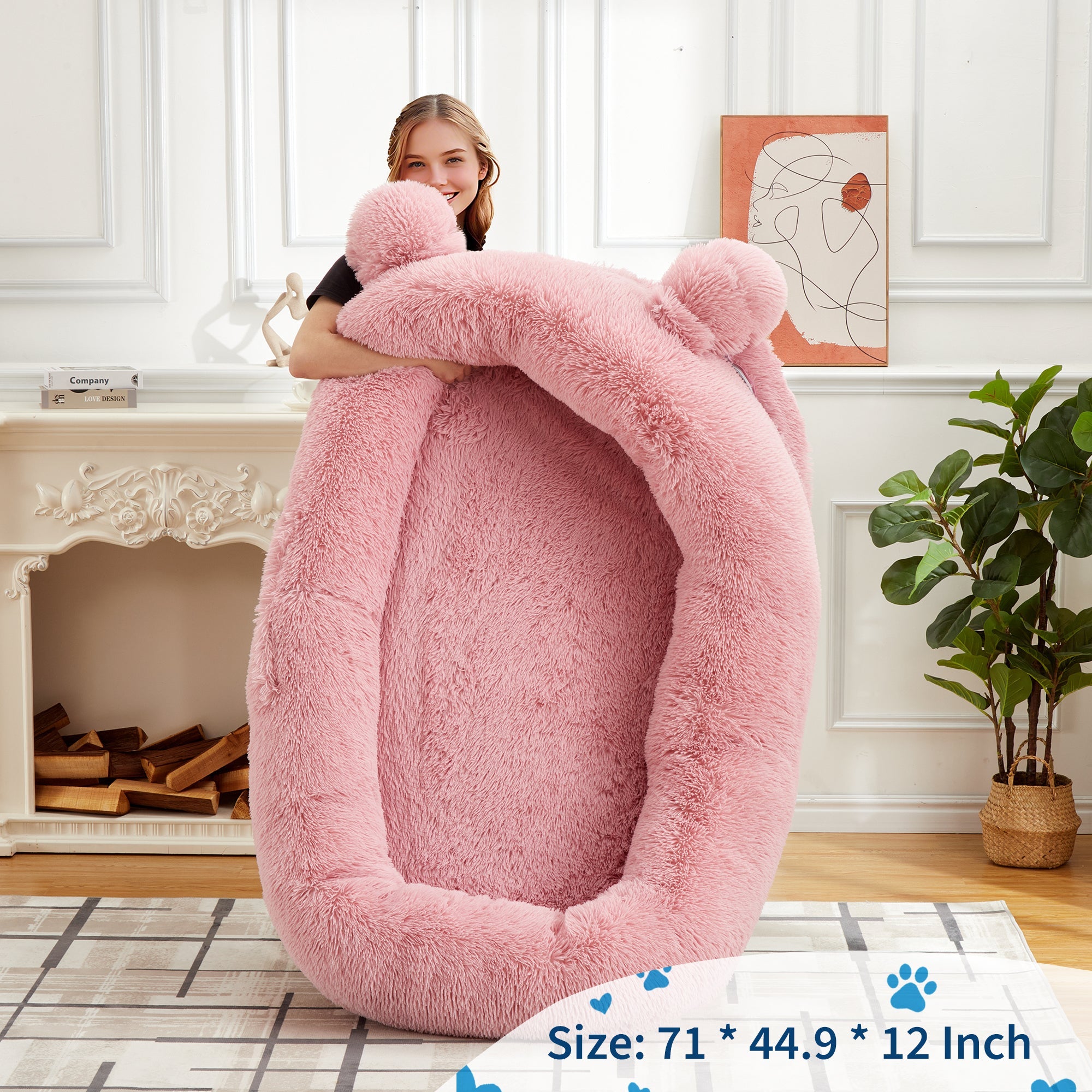 Garvee Human Dog Bed, 71 in x45 in x12 in Large Dog Bed with Blanket, Storage Pockets, Portable Handle, Removable Cover, Human Size Pet Bed for Adult, Pink