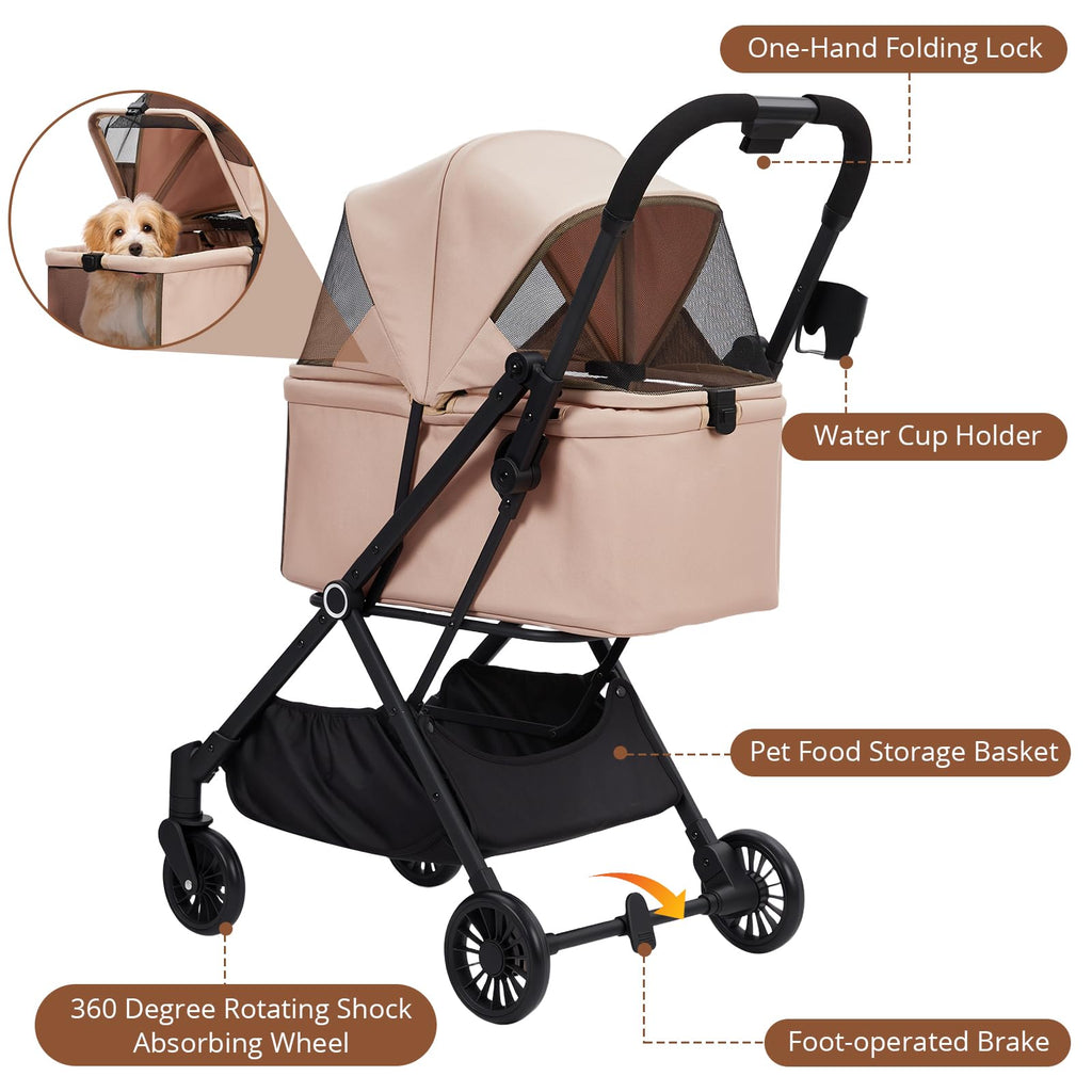 Garvee Foldable 4-Wheel Pet Stroller for Dogs & Cats -Dog Stroller, Lightweight Travel Carrier for Small to Medium Pets Up to 50 LBS, 360° Swivel Front Wheels, Foot Brake, Breathable Mes
