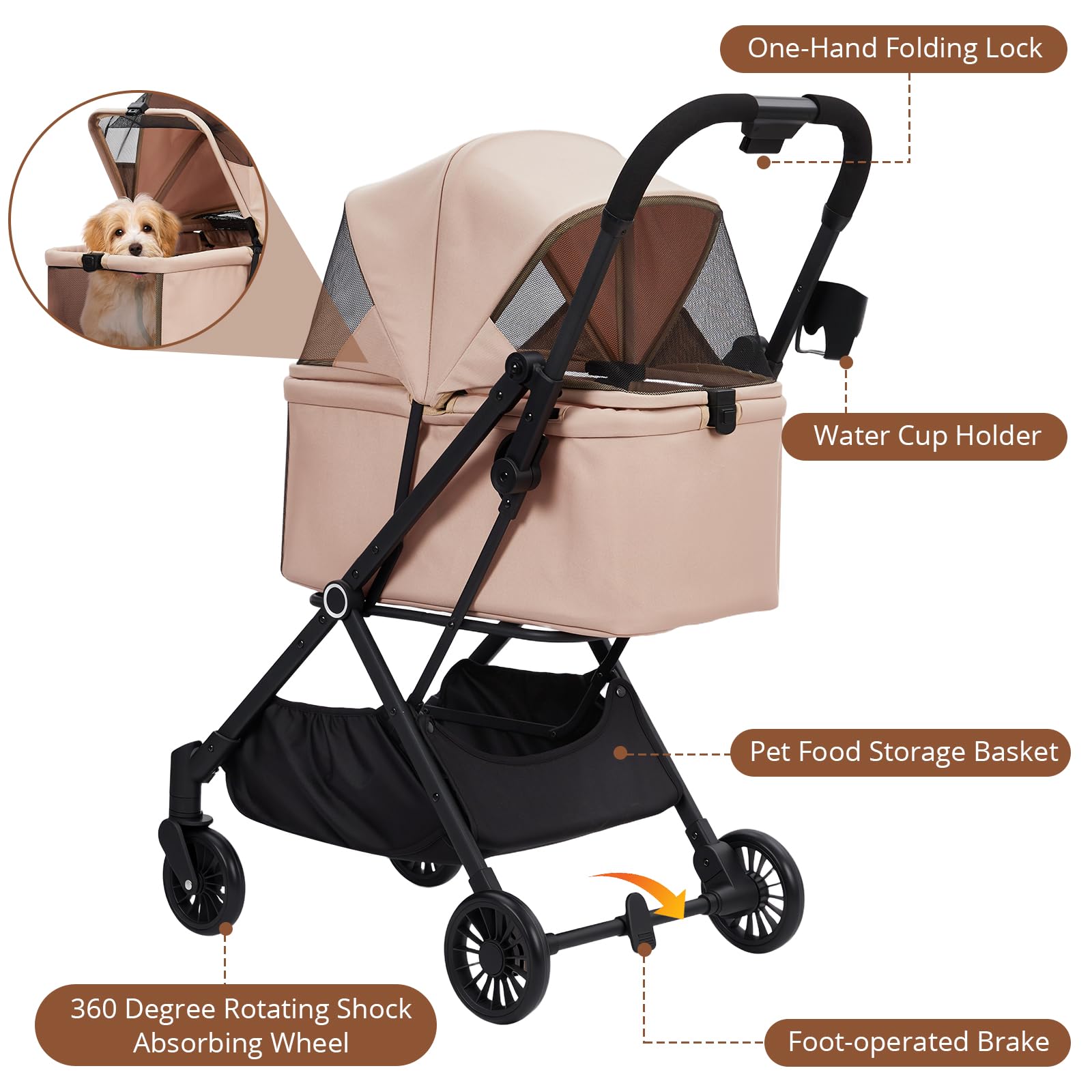 Garvee Foldable 4-Wheel Pet Stroller for Dogs & Cats -Dog Stroller, Lightweight Travel Carrier for Small to Medium Pets Up to 50 LBS, 360° Swivel Front Wheels, Foot Brake, Breathable Mes