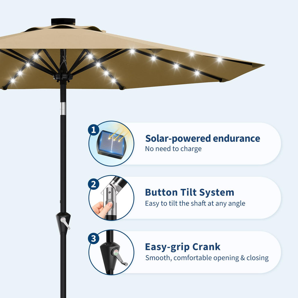 Garvee 10 ft Solar Patio Umbrella with 32 LED Lights, Outdoor Market Umbrella with Crank Lift & Tilt, UV-Resistant Canopy for Pool, Garden & Backyard, Tan