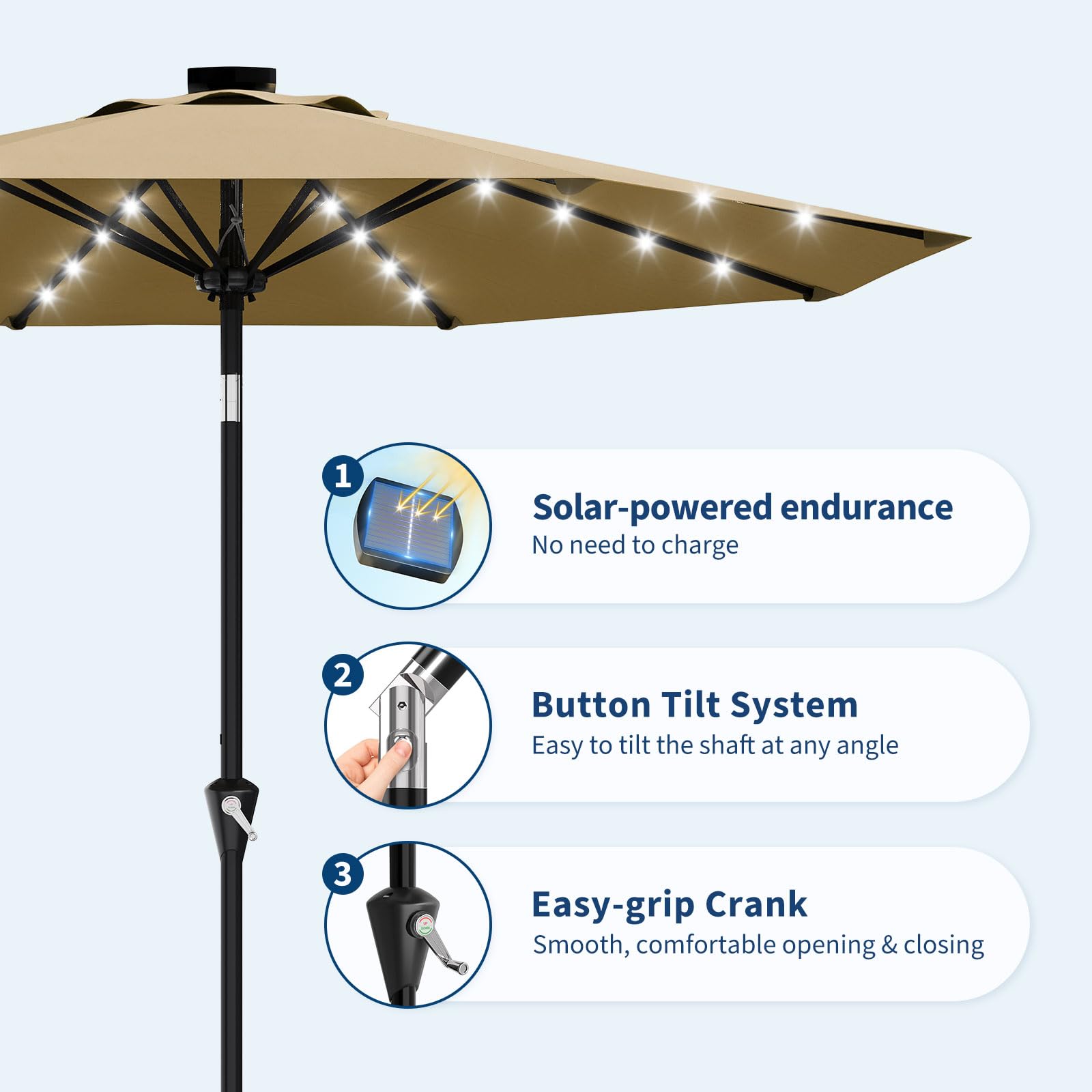 Garvee 10 ft Solar Patio Umbrella with 32 LED Lights, Outdoor Market Umbrella with Crank Lift & Tilt, UV-Resistant Canopy for Pool, Garden & Backyard, Tan