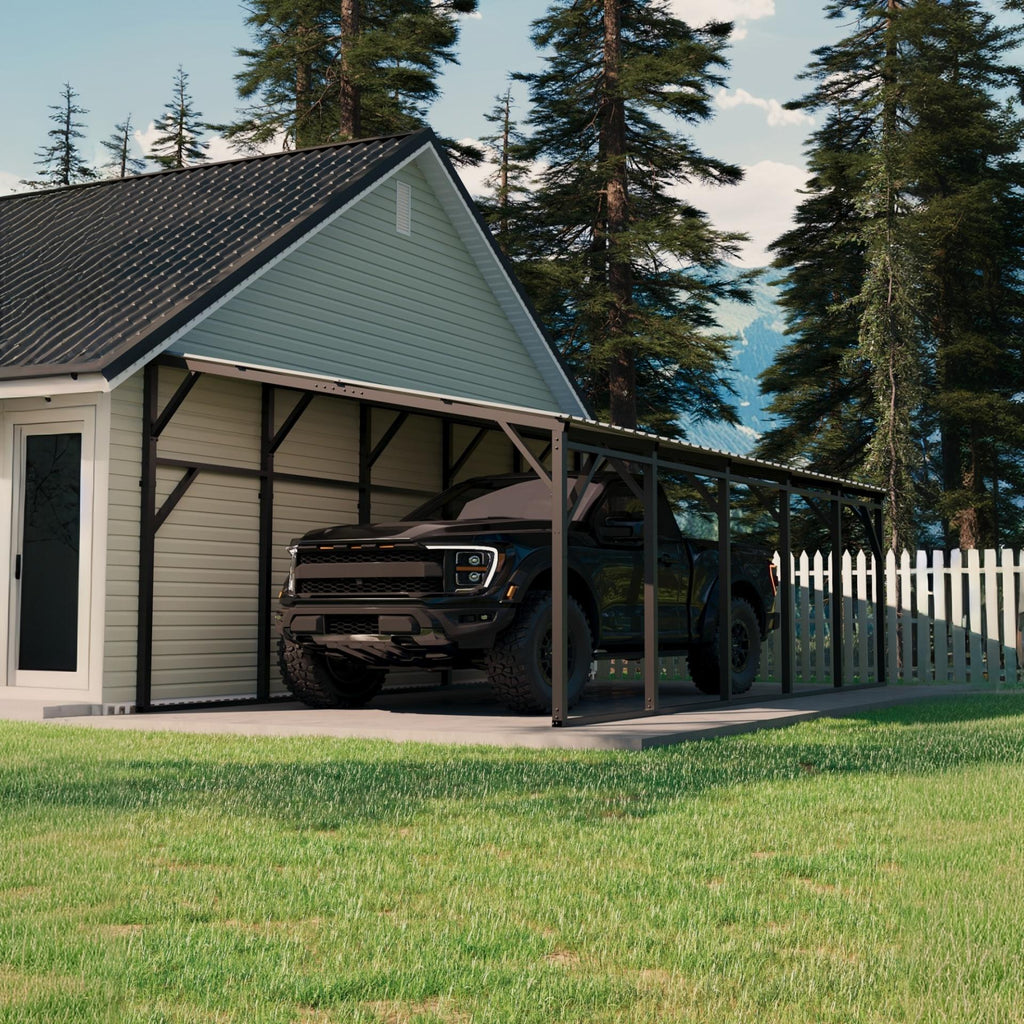 Garvee Lean-to Metal Carport 12×25 ft, 292" Deep Wall-Mounted Shelter, 107"–78" Vertical Roof with 19-Gauge Steel Frame for Pickup SUV