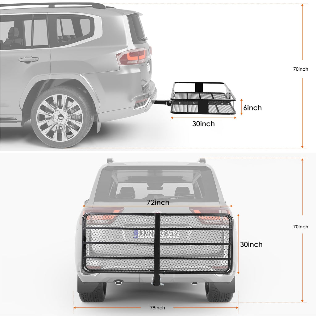 Garvee 70"x30"x6" Heavy-Duty Folding Hitch Cargo Carrier 600 lbs Capacity Ratchet Straps Waterproof Bag Integrated Lock Reflective Panels Fits 2" Receiver SUVs Off-Road