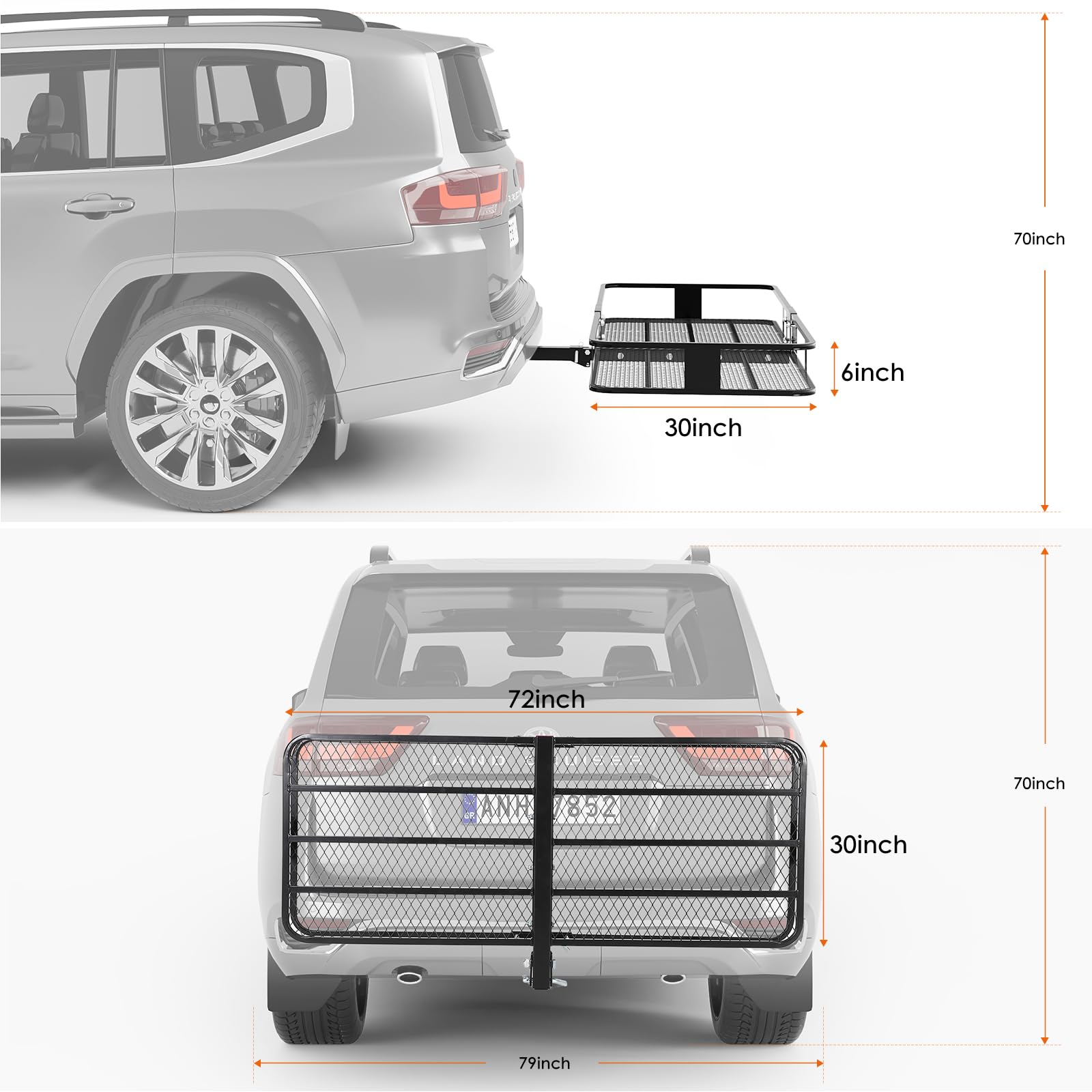 Garvee 70"x30"x6" Heavy-Duty Folding Hitch Cargo Carrier 600 lbs Capacity Ratchet Straps Waterproof Bag Integrated Lock Reflective Panels Fits 2" Receiver SUVs Off-Road