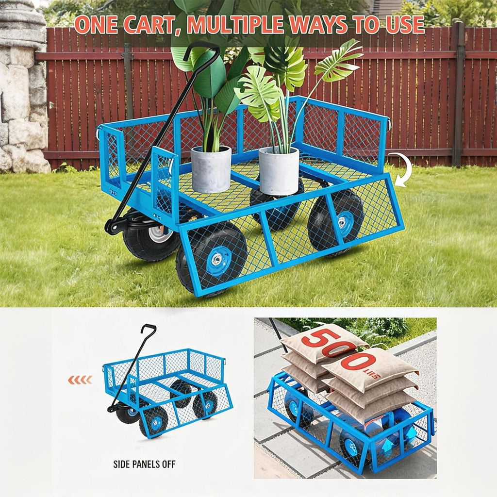 Garvee Steel Garden Cart for Yard and Gardening, 500 lbs Capacity with 10-Inch Pneumatic Tires, Removable Mesh Sides and Flexible Handle, Blue