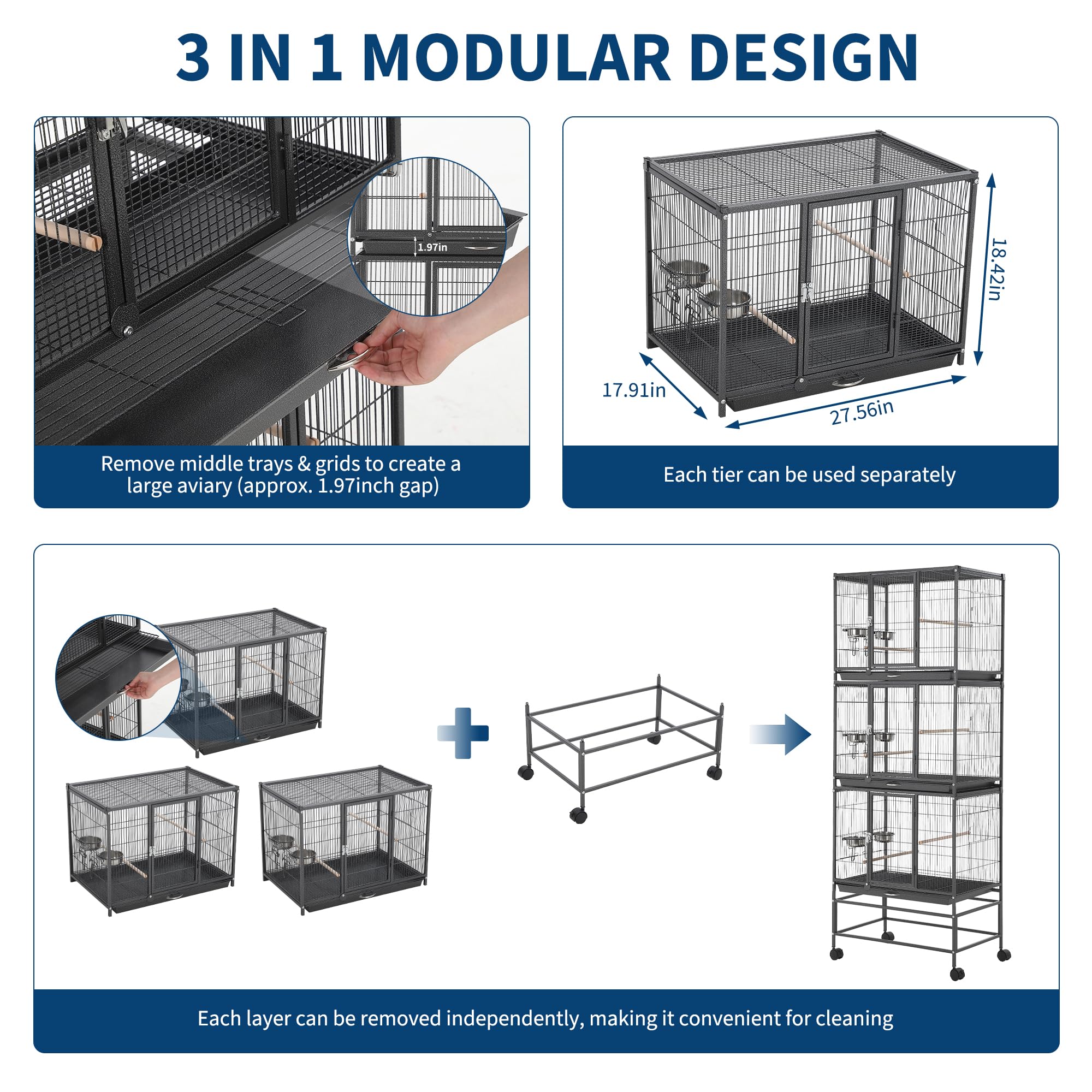 Garvee Heavy Duty Carbon Steel Bird Cage - 74 Inch Stackable Aviary with 3 Dividable Compartments, Removable Trays, Spacious Flight Enclosure for Parakeets, Cockatiels, Conures, Finches - Silver Black
