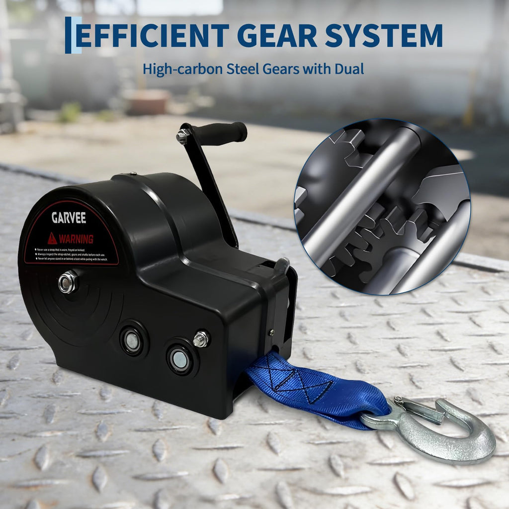 Garvee 3500 lbs Heavy-Duty Boat Trailer Winch - Hand Crank Winch with 33ft Strap, 4:1/8:1 Gear Ratio for Towing and Pulling Boats, Trailers, Trucks, RVs, ATVs, Jet Skis, and Off-Road Recovery, Blue