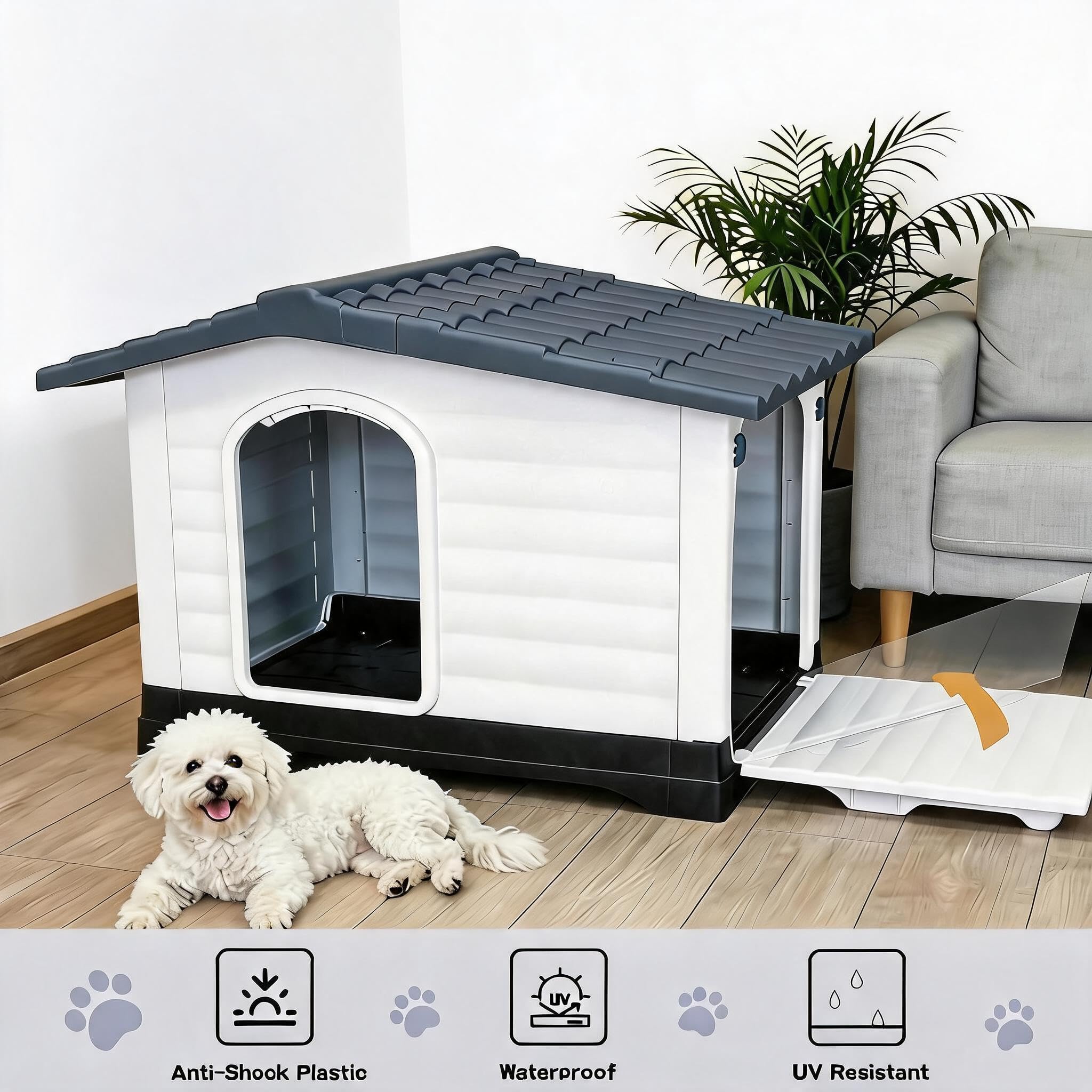 Garvee 2-Door Large Dog House for Indoor and Outdoor Dog House with Fold-Out Porch Elevated Base, Waterproof Pet House for Small and Medium Dogs, Easy Assembly, Gray (38''L x 26''W x 31''H)