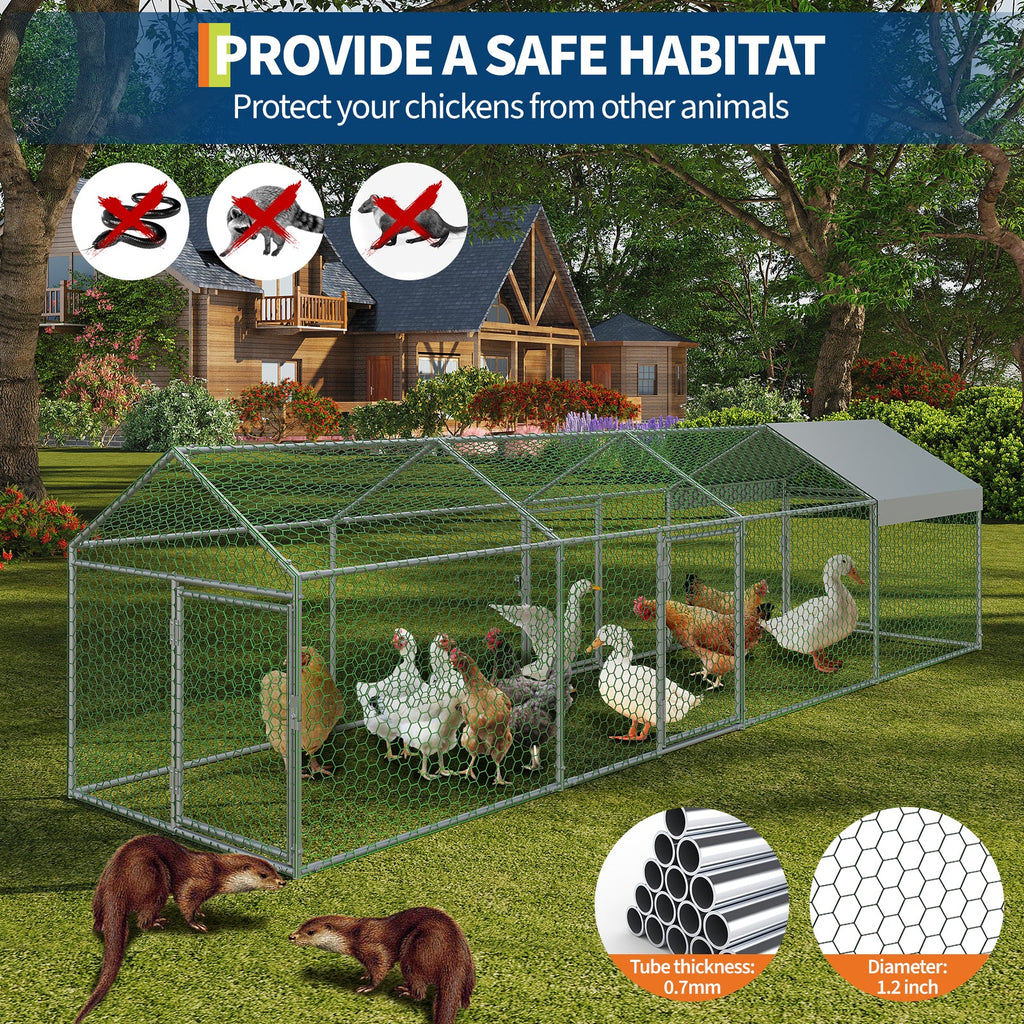 Garvee Large Metal Chicken Coop, Chicken Runs for Yard with Waterproof and Anti-UV Cover, Portable chicken coop for Outdoor Chicken Rabbit Duck, Silver, 160"×40"×40"
