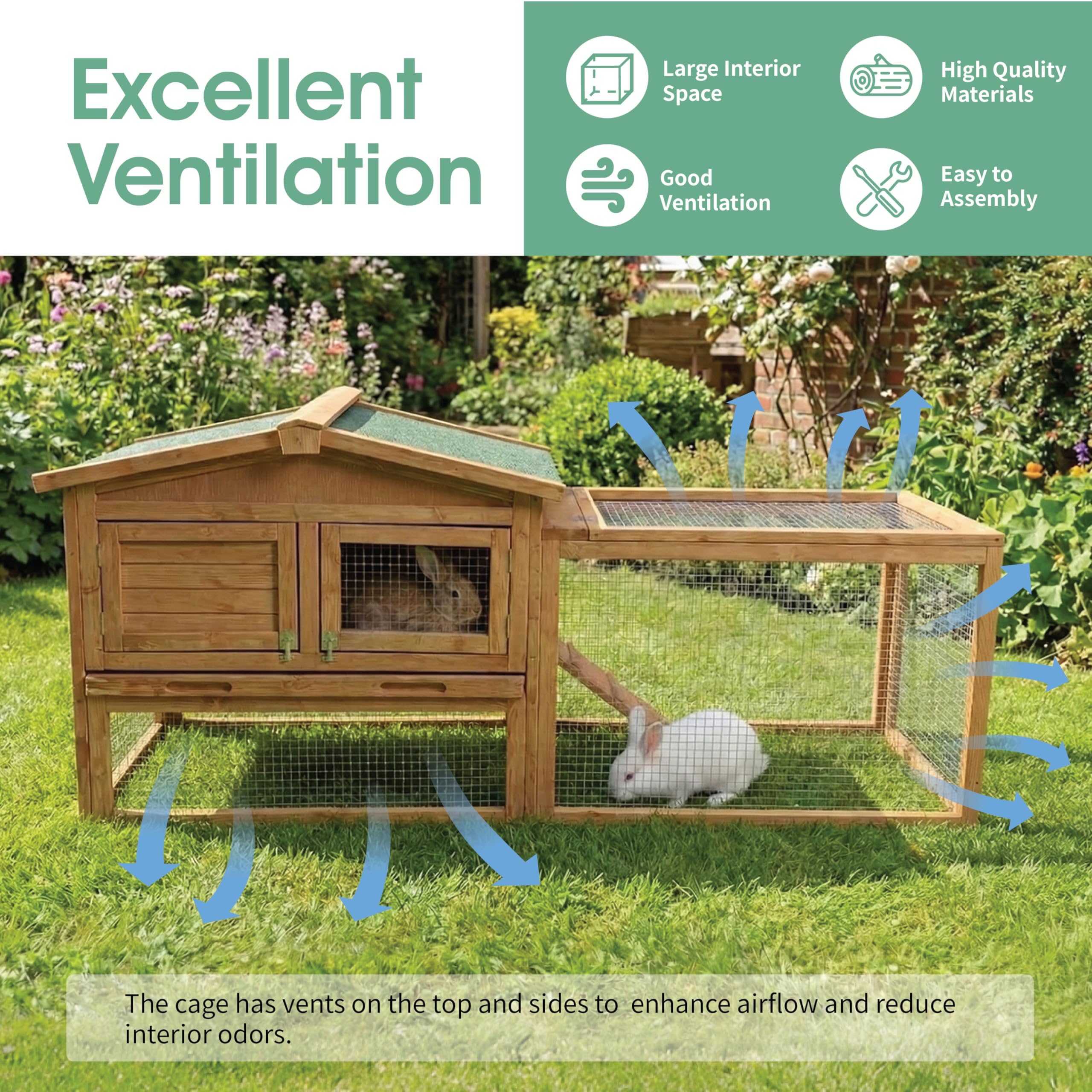 Garvee Spacious 2-Story Wooden Small Animal Cage for Rabbits, Guinea Pigs & Chickens - Weatherproof Hutch with Anti-Chew Metal Frame, Leak-Proof Removable Tray, Secure Wire Netting, Indoor & Outdoor Use, Natural Wood Color