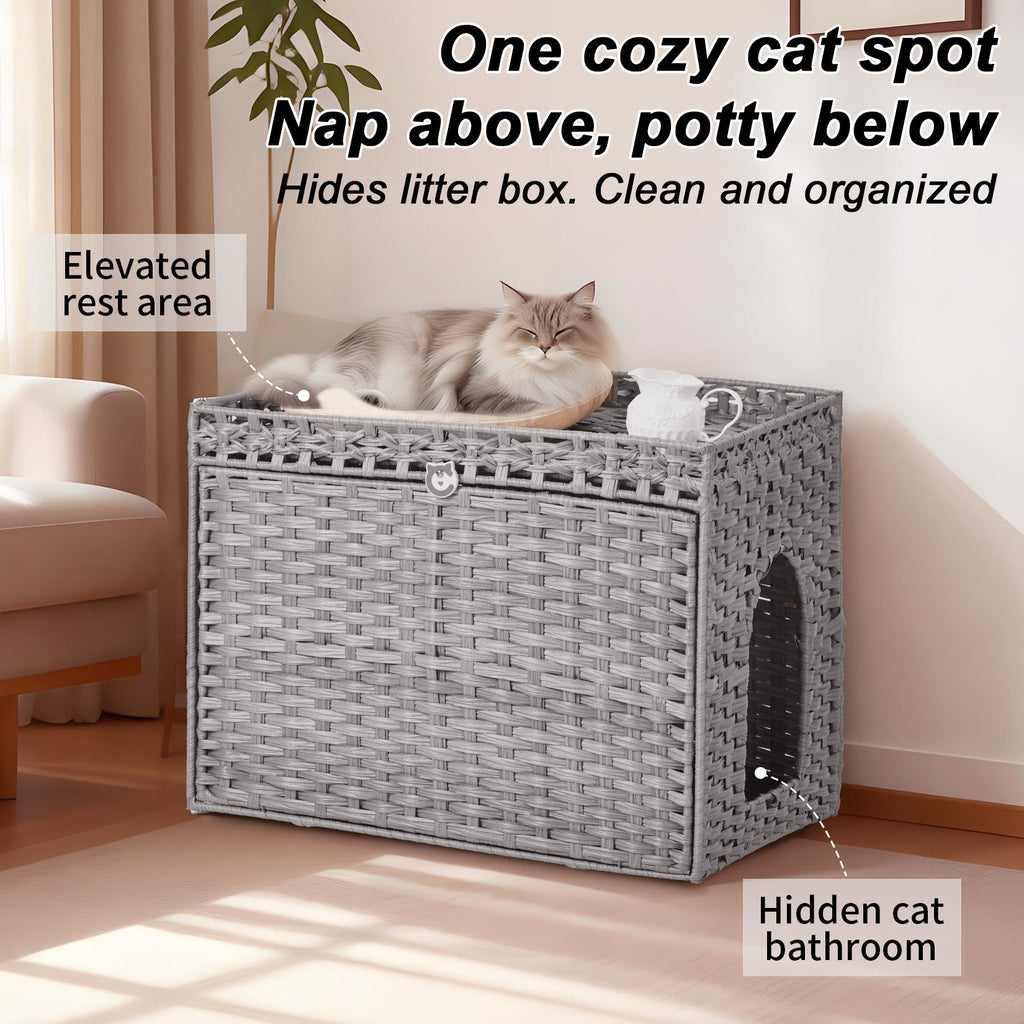 Garvee Handwoven Rattan Cat Litter Box Cabinet – Large Covered Enclosure with Removable Mat and Fence – Stylish Hidden Litter Furniture for Living Room or Apartment, Easy Assembly – Grey