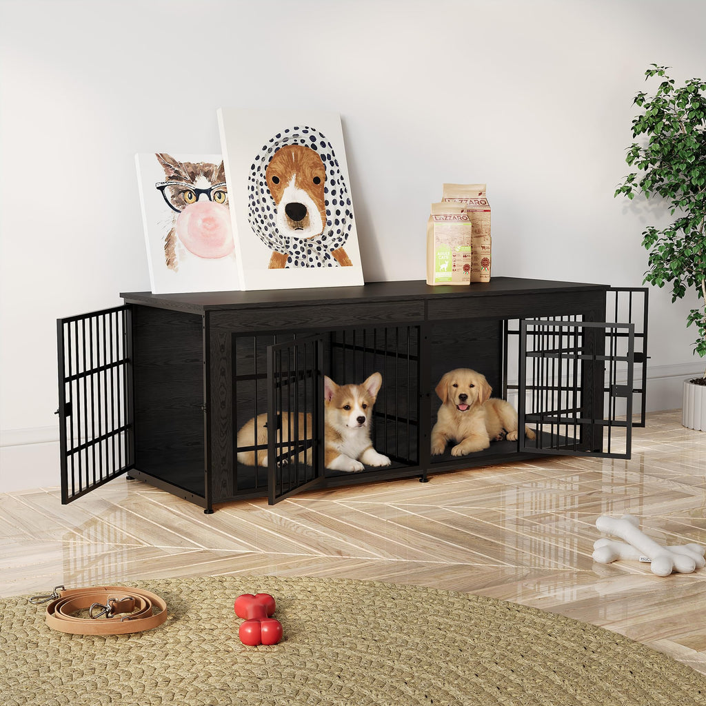 Garvee Double Dog Crate Furniture with Divider – Heavy Duty Wooden Dog House TV Stand – 3-in-1 Indoor Kennel End Table for Medium and Large Dogs – Adjustable Feet, Easy Assembly – Gray