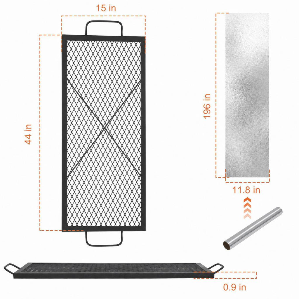 Garvee 44x15 inch Rectangular Fire Pit Grate, 44lbs Load Capacity Heavy Duty Carbon Steel Grill Grate with Handles, 1112°F Heat Resistant Cooking Mesh for Outdoor Camping & Backyard BBQ, Black