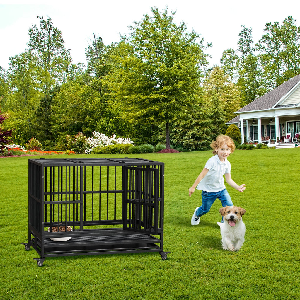 Garvee Heavy Duty Indestructible Dog Crate – Escape-Proof Steel Kennel with Double Doors, 360° Lockable Wheels, Removable Tray, Easy Assembly – Secure Dog Cage for Small, Medium, Large Breeds, Size: 37inch