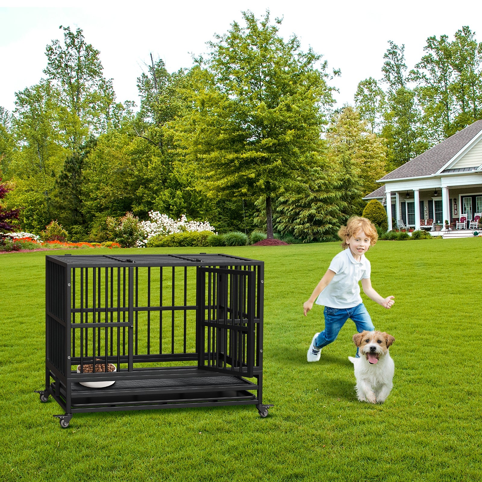Garvee Heavy Duty Indestructible Dog Crate – Escape-Proof Steel Kennel with Double Doors, 360° Lockable Wheels, Removable Tray, Easy Assembly – Secure Dog Cage for Small, Medium, Large Breeds, Size: 37inch