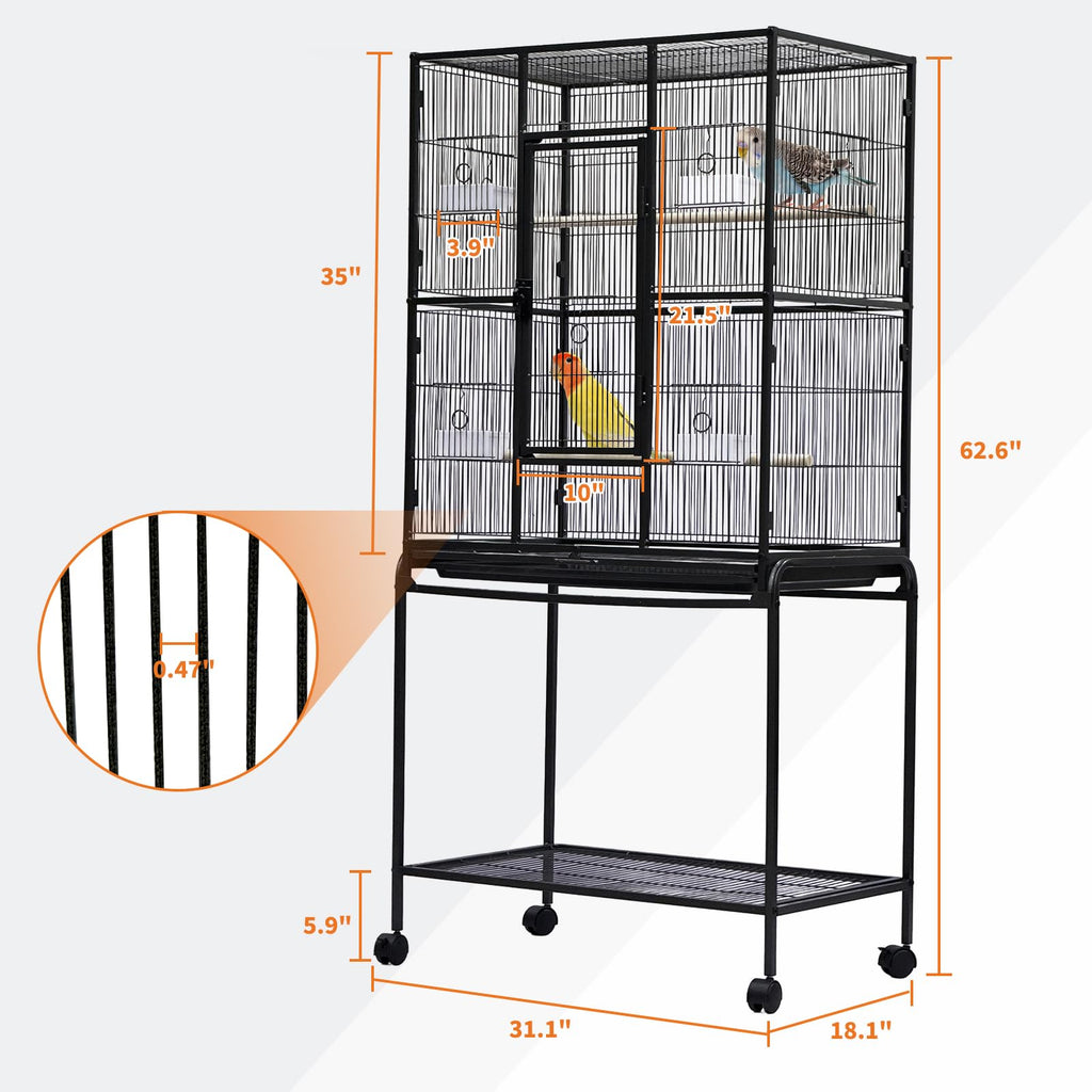 Garvee 62.6" Large Bird Cage, Parrot Bird Cage with Rolling Stand & Storage Shelf, Heavy Duty Wrought Iron Flight Cage, Secure Lock, Ideal for Parakeets, Parrots, Cockatiels, Conures, Lovebirds