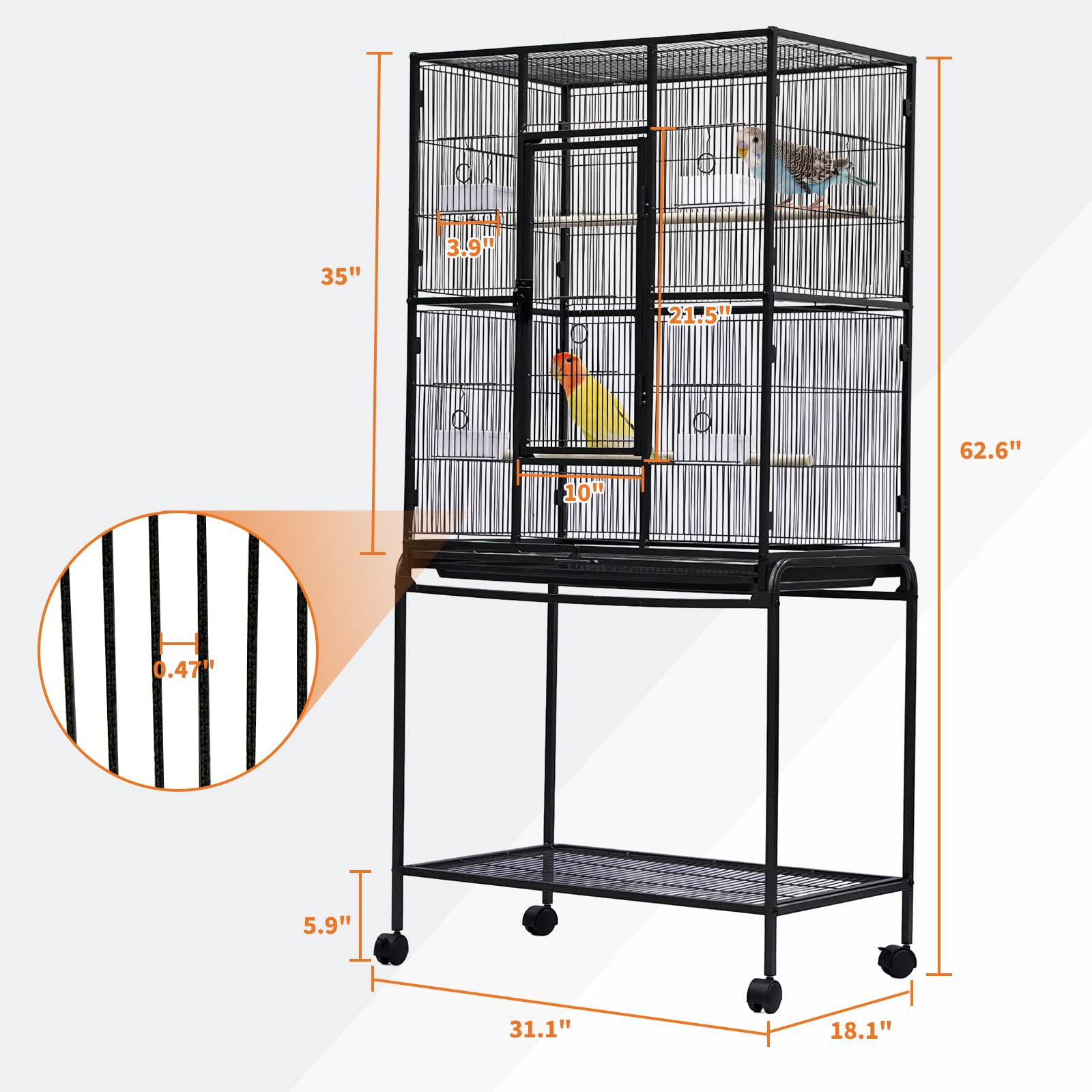 Garvee 62.6" Large Bird Cage, Parrot Bird Cage with Rolling Stand & Storage Shelf, Heavy Duty Wrought Iron Flight Cage, Secure Lock, Ideal for Parakeets, Parrots, Cockatiels, Conures, Lovebirds